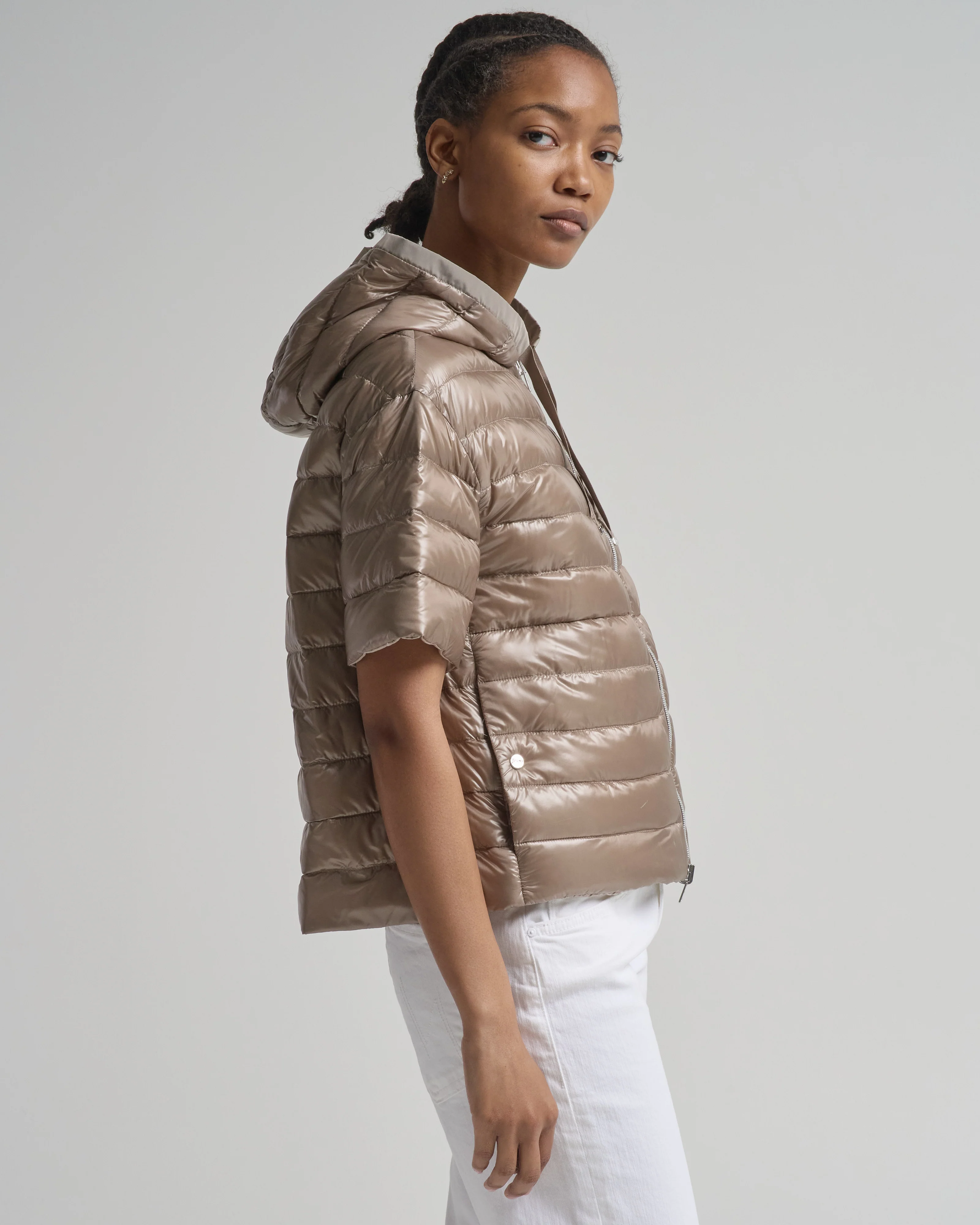 shiny nylon reversible bi color cap sleeve vest with hood - Image 2