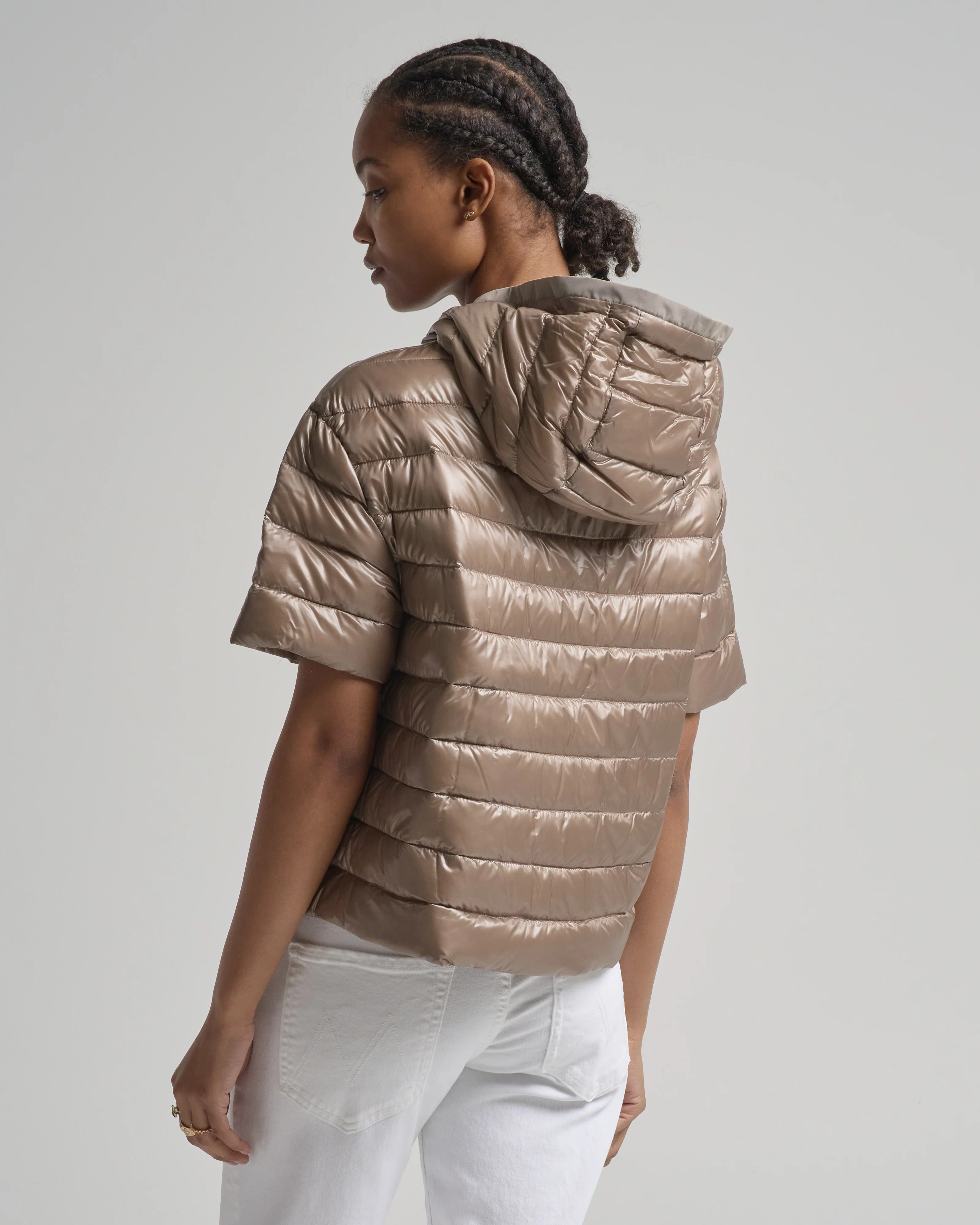 shiny nylon reversible bi color cap sleeve vest with hood - Image 3