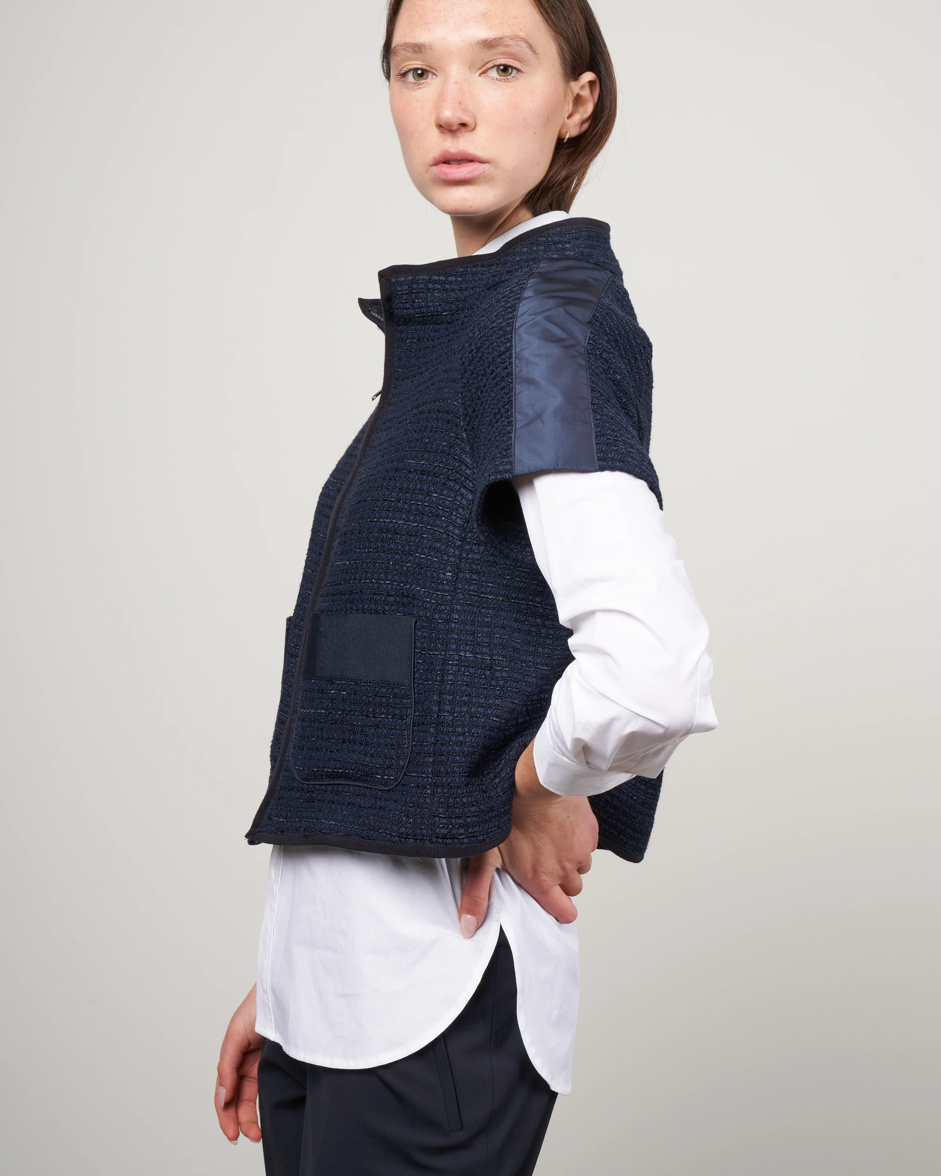 tweed cap sleeve jacket -navy - Image 3