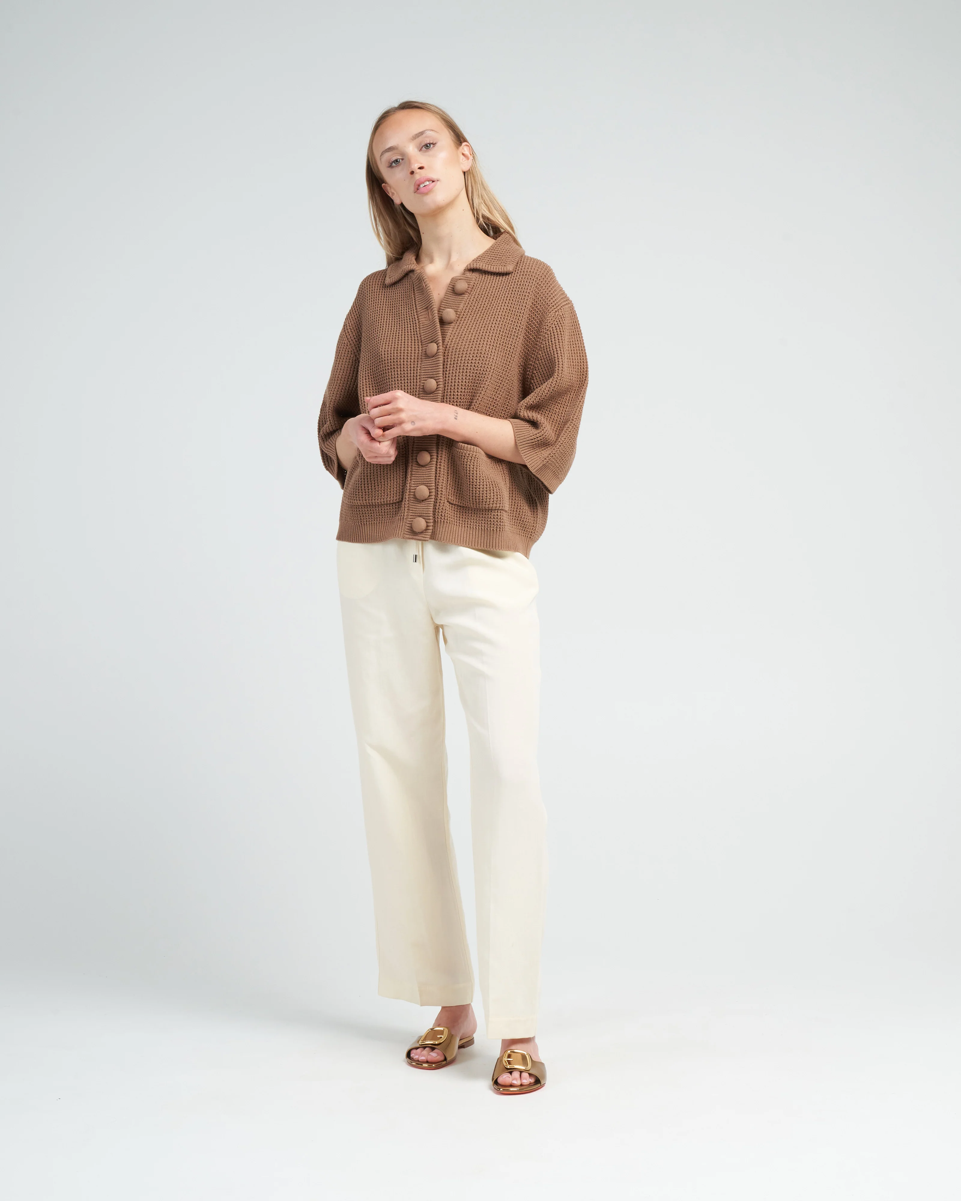 buttoned waffle cardigan - brown sugar - Image 2