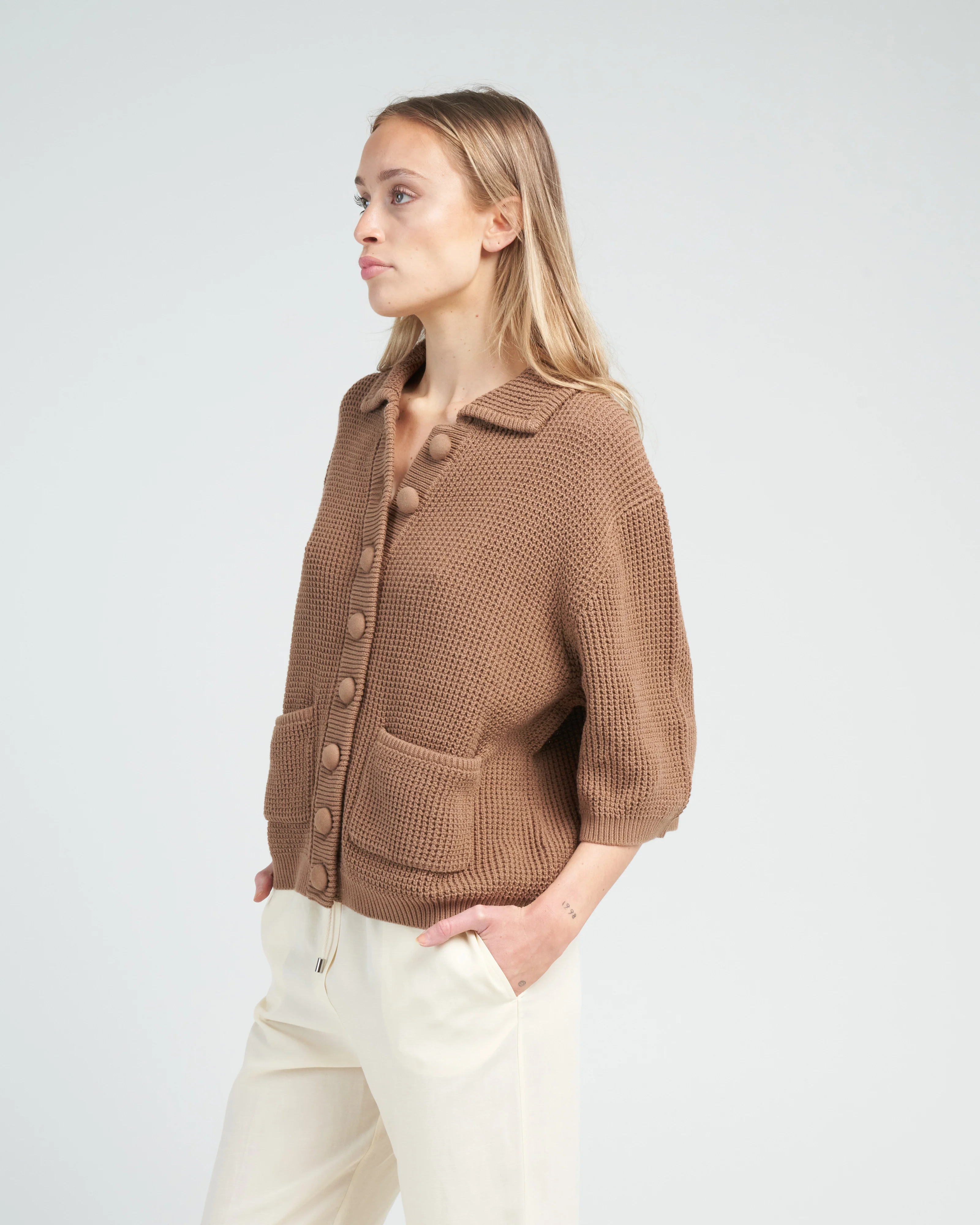 buttoned waffle cardigan - brown sugar - Image 3