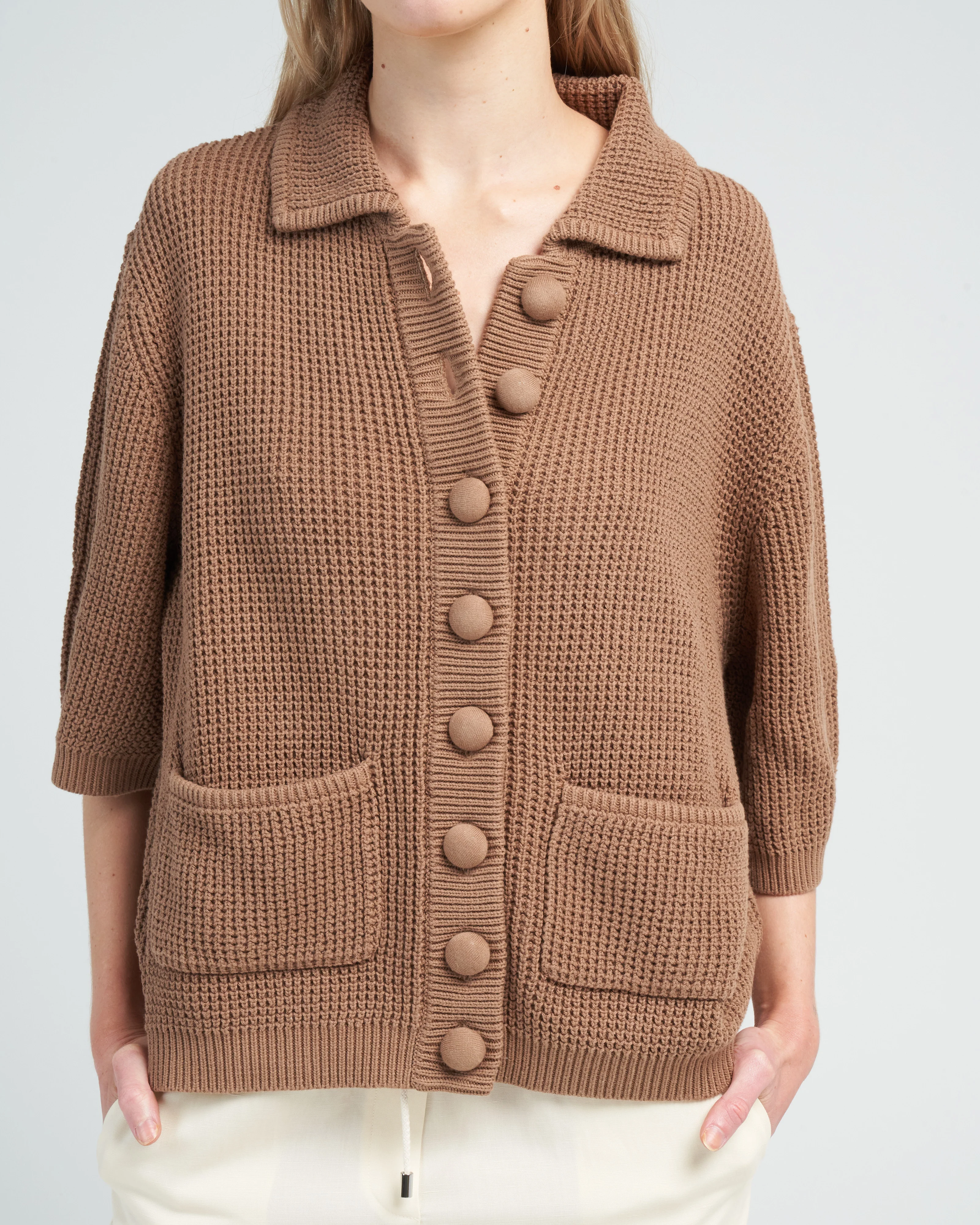 buttoned waffle cardigan - brown sugar - Image 4