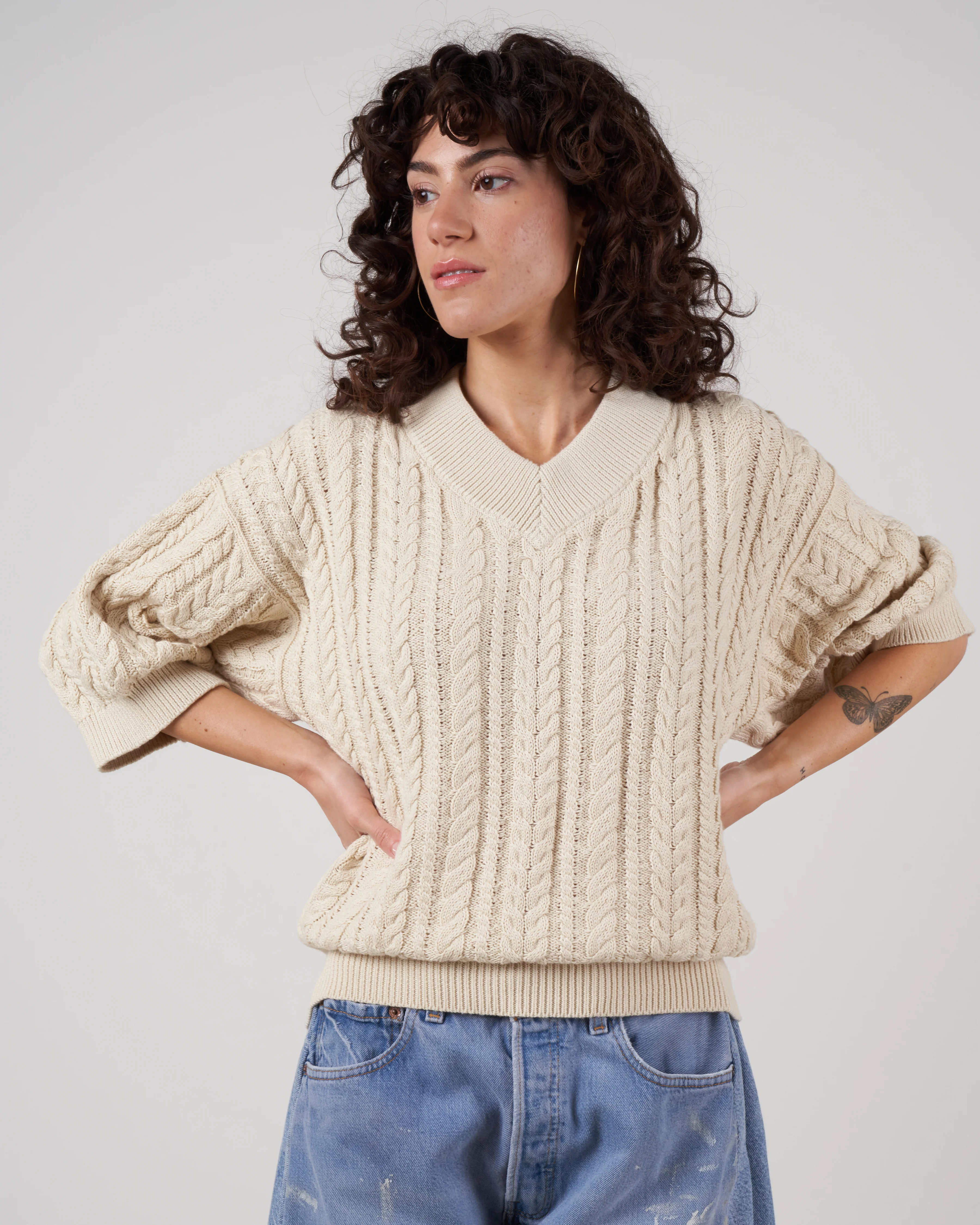 cable v-neck tunic - ivory - Image 2