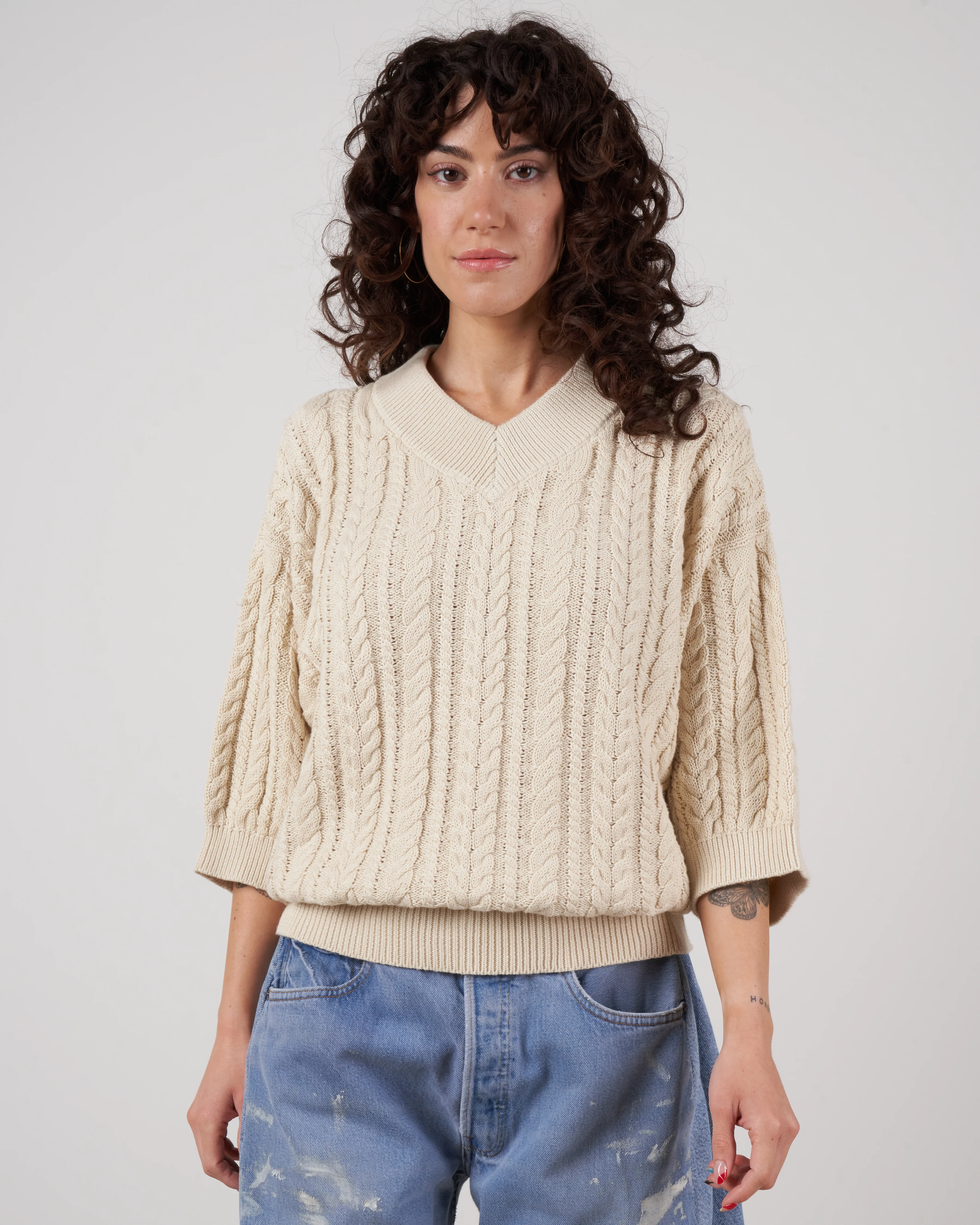 cable v-neck tunic - ivory - Image 5