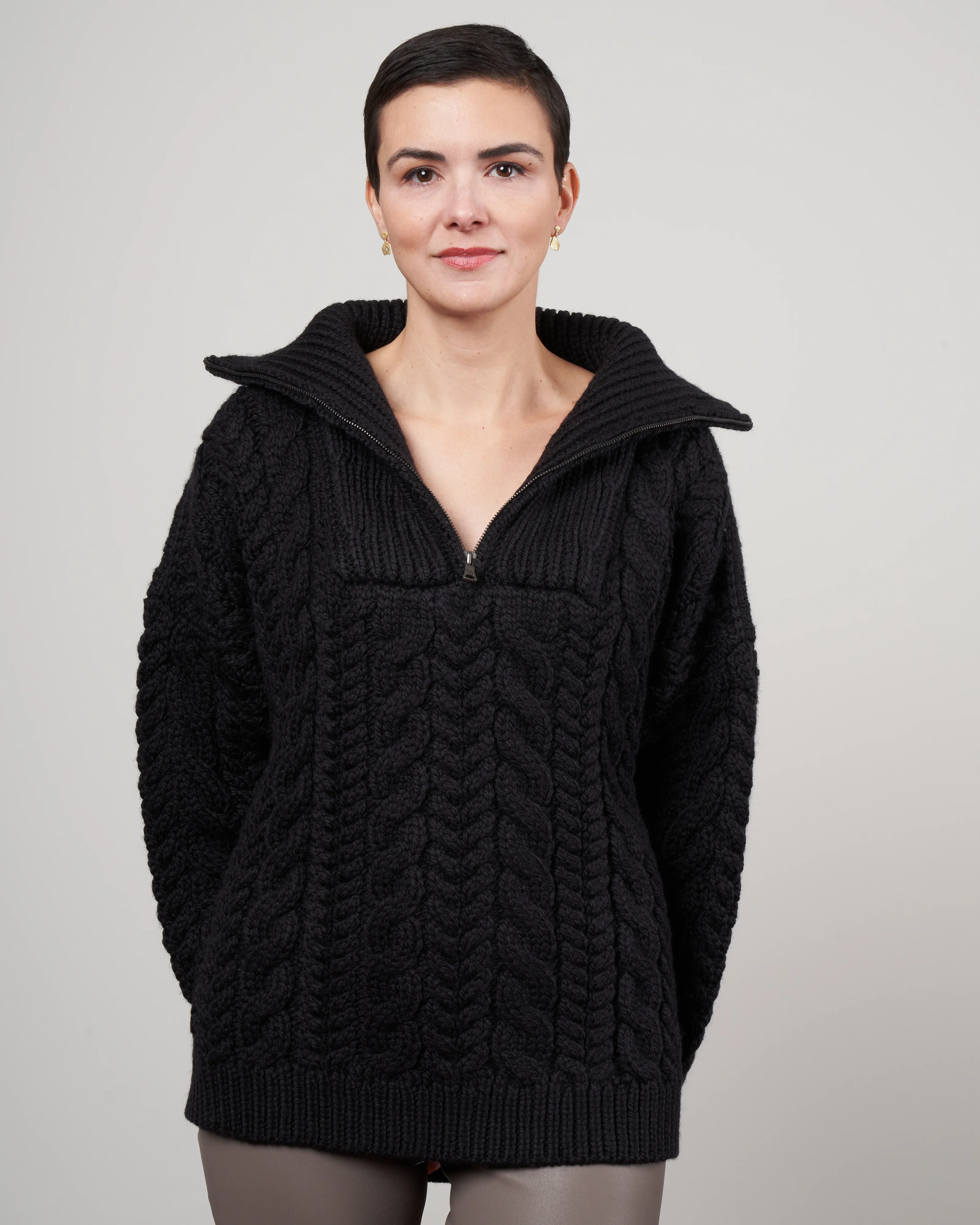 cable zip up jumper - black