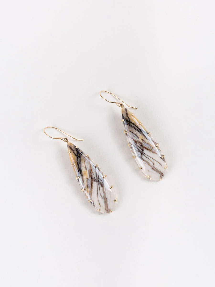 fossilized channel wood & gold earrings