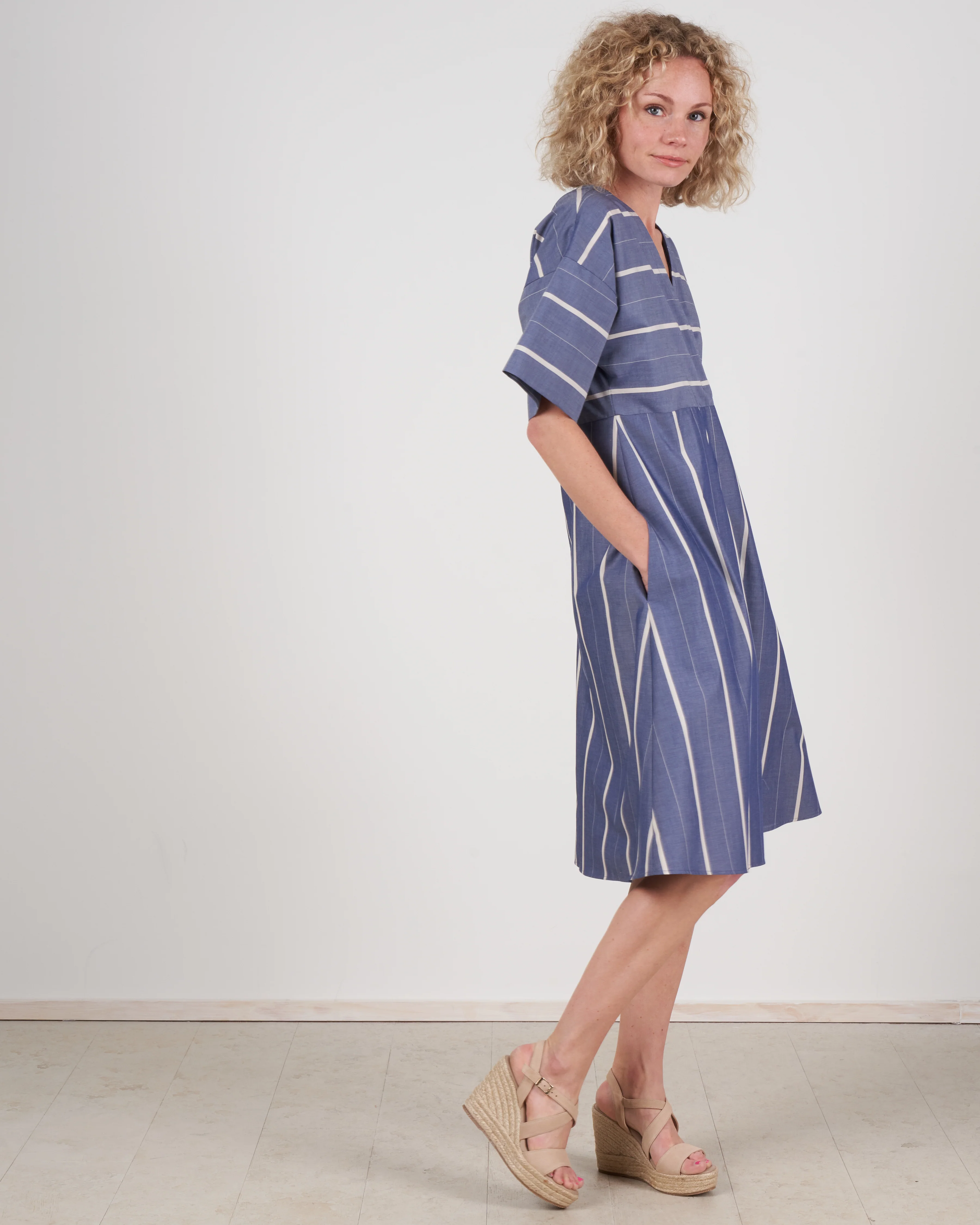 cuffed cross front dress - chambray stripe - Image 2