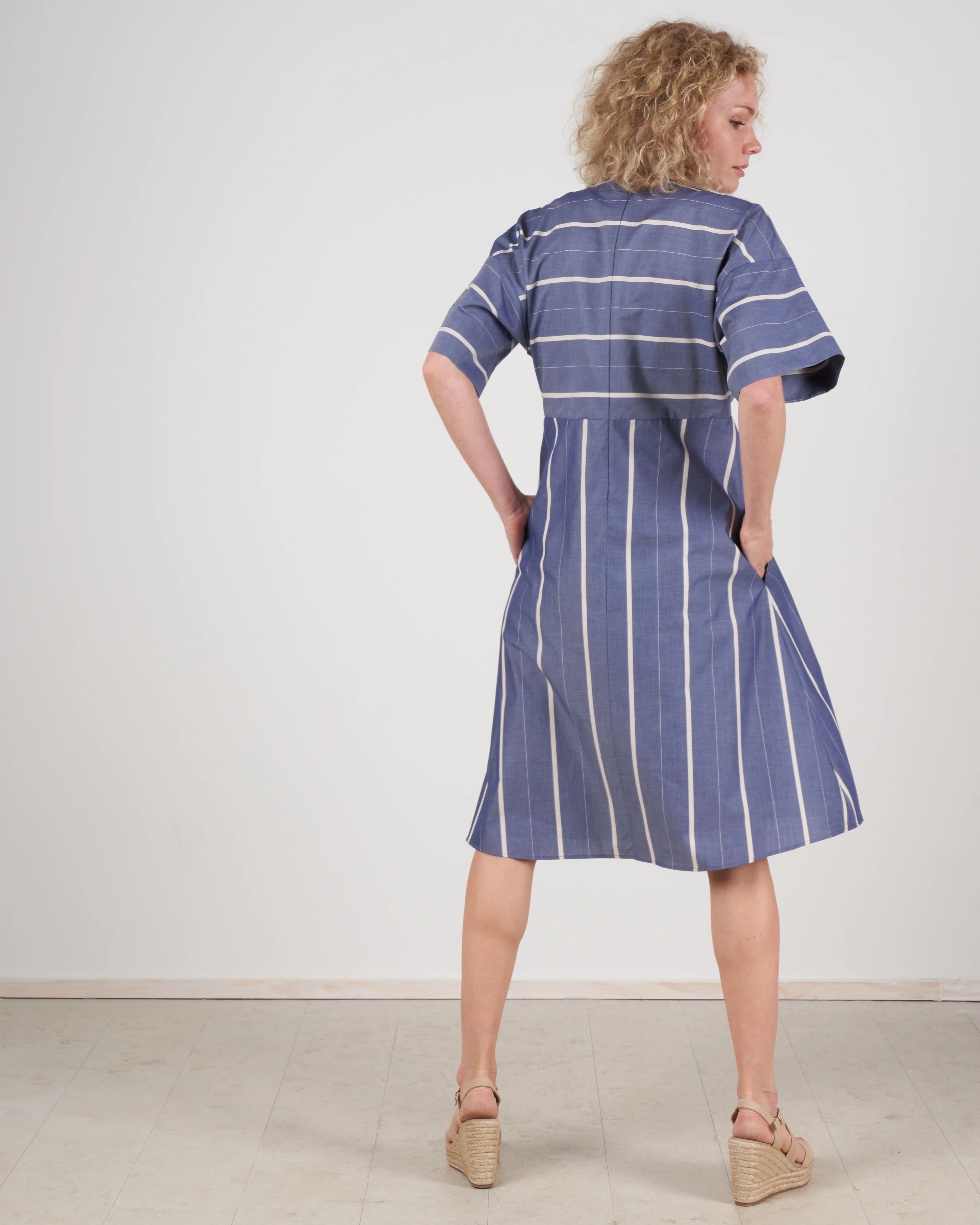 cuffed cross front dress - chambray stripe - Image 3