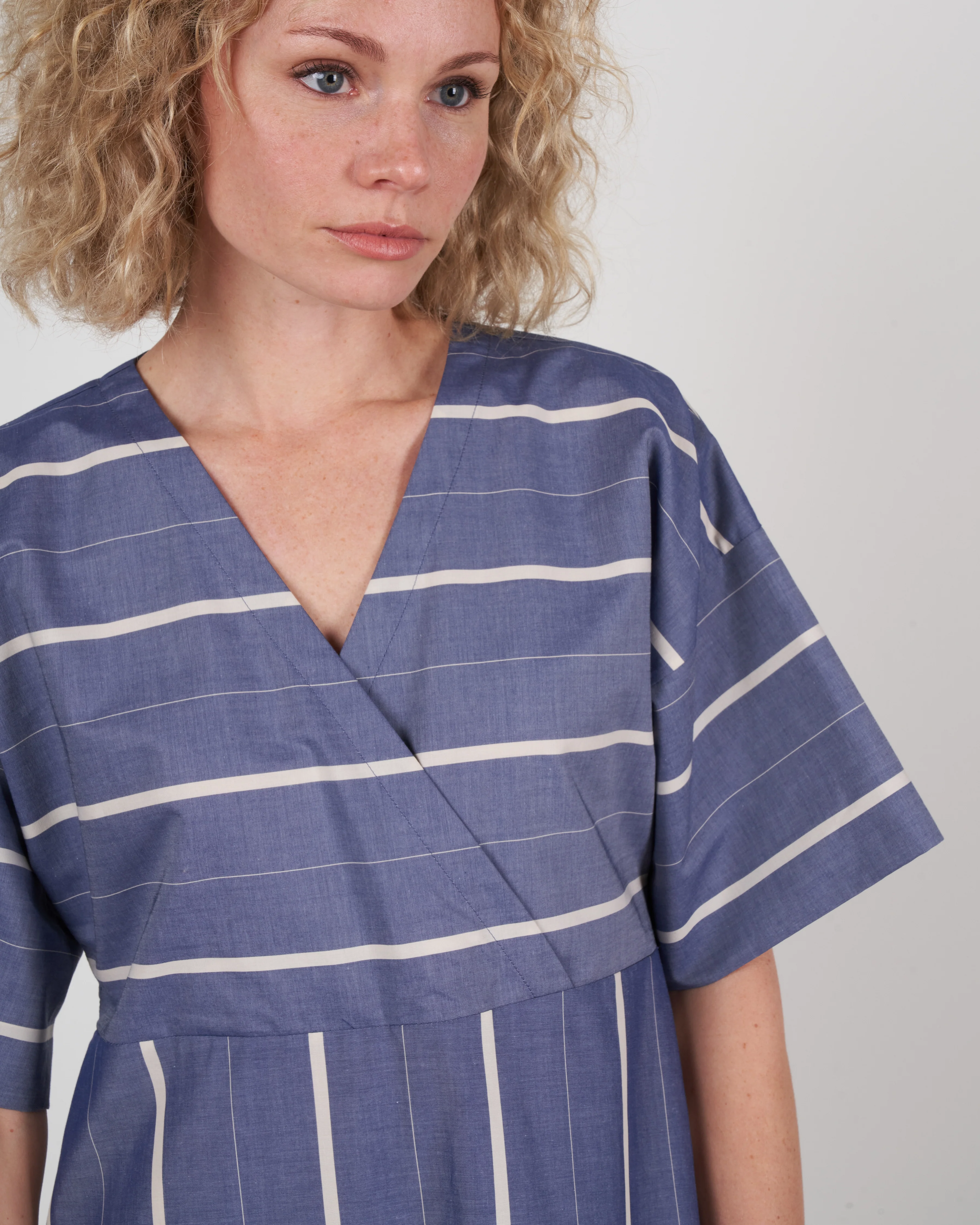 cuffed cross front dress - chambray stripe - Image 4
