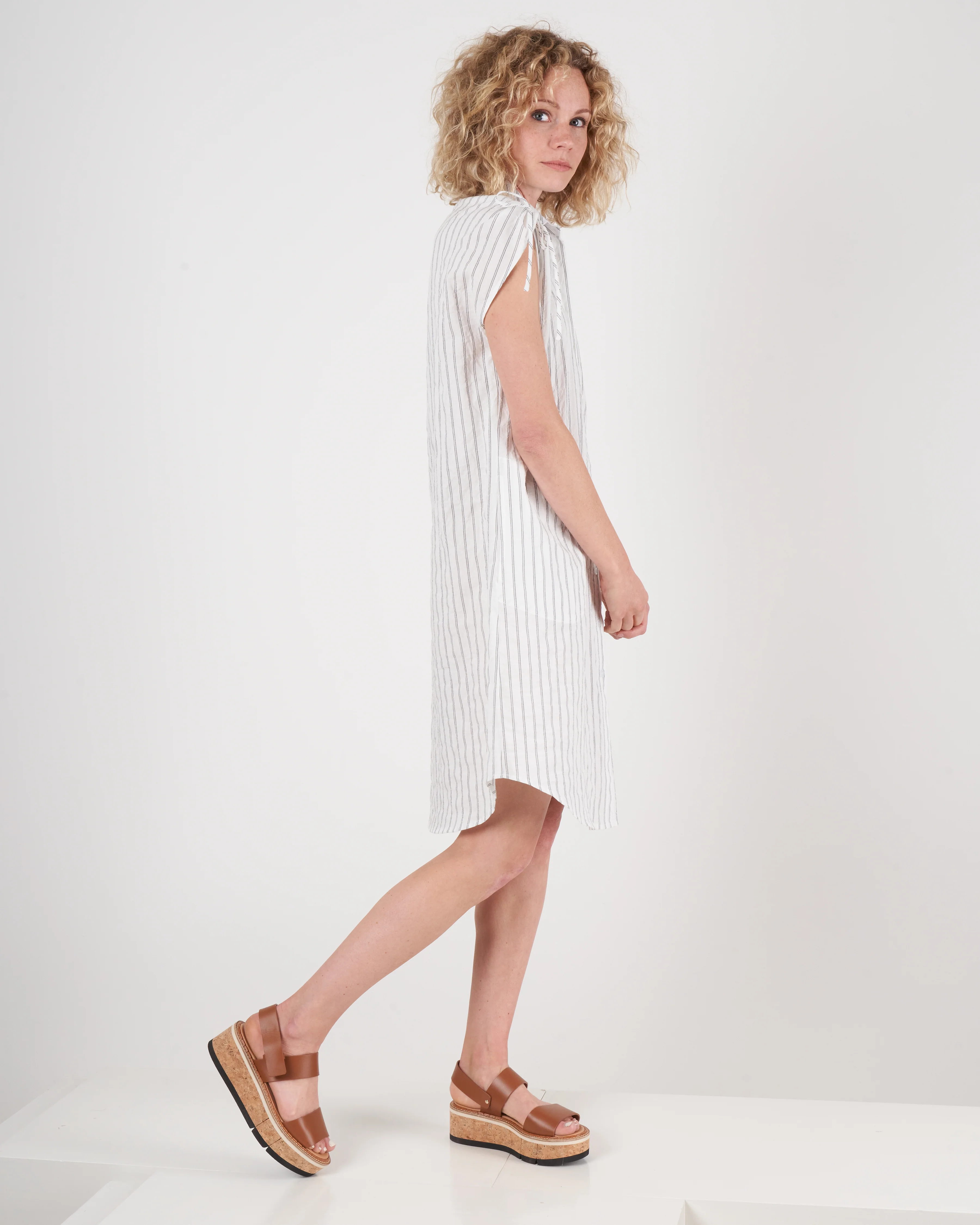 gathered shoulder dress - black stripe - Image 2