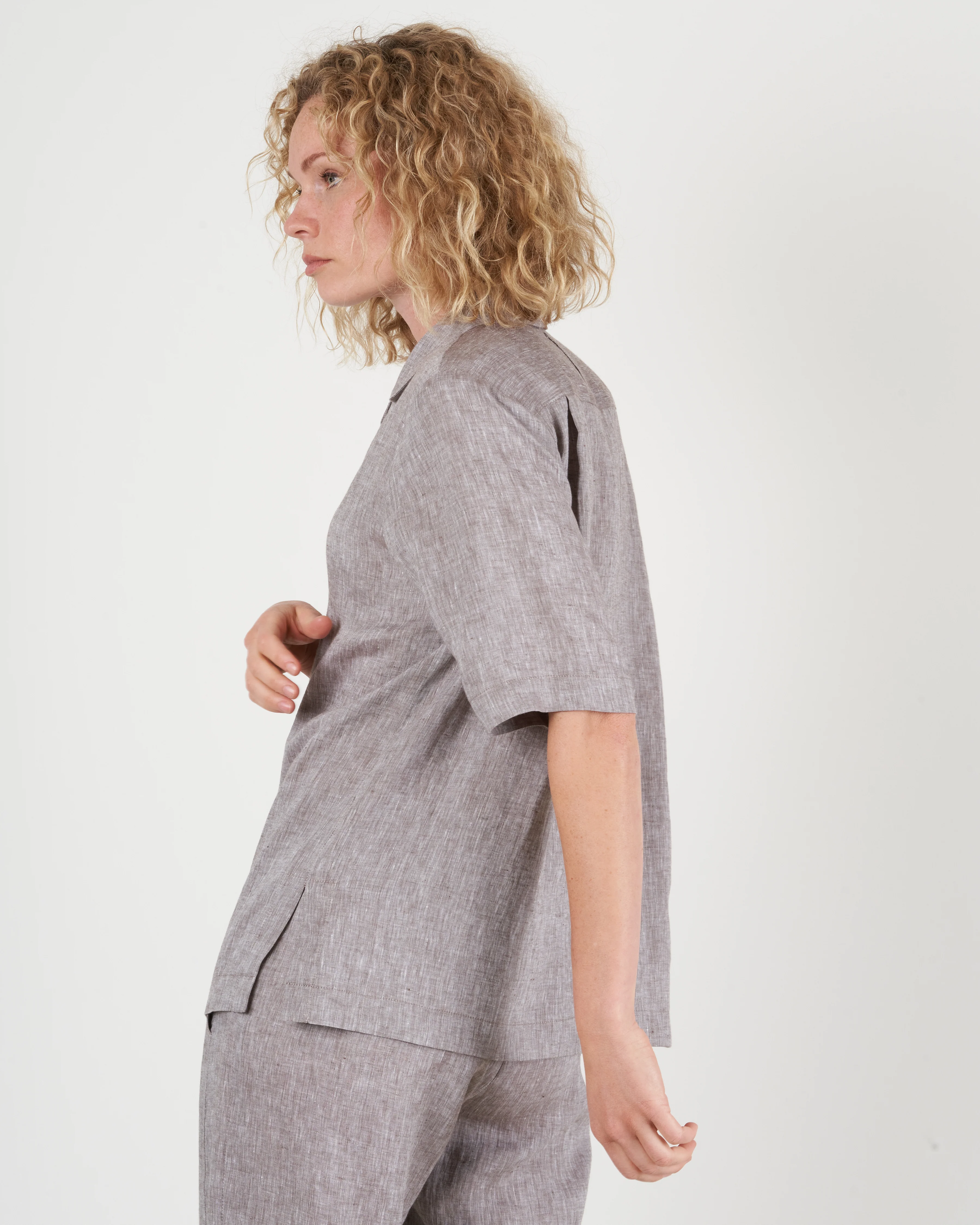 linen notch collar shirt - brown - Image 3