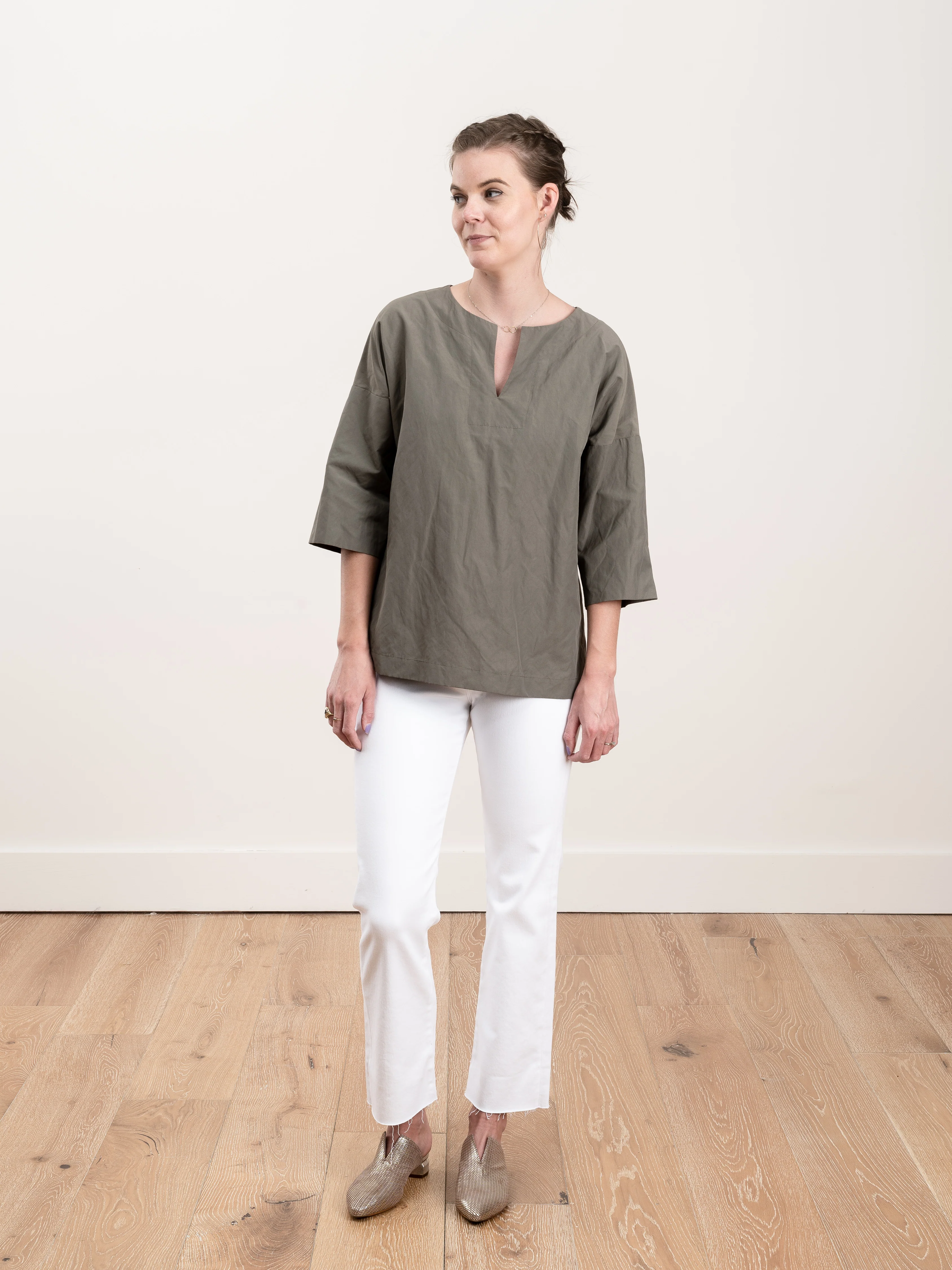 v-placket pullover top - olive - Image 2
