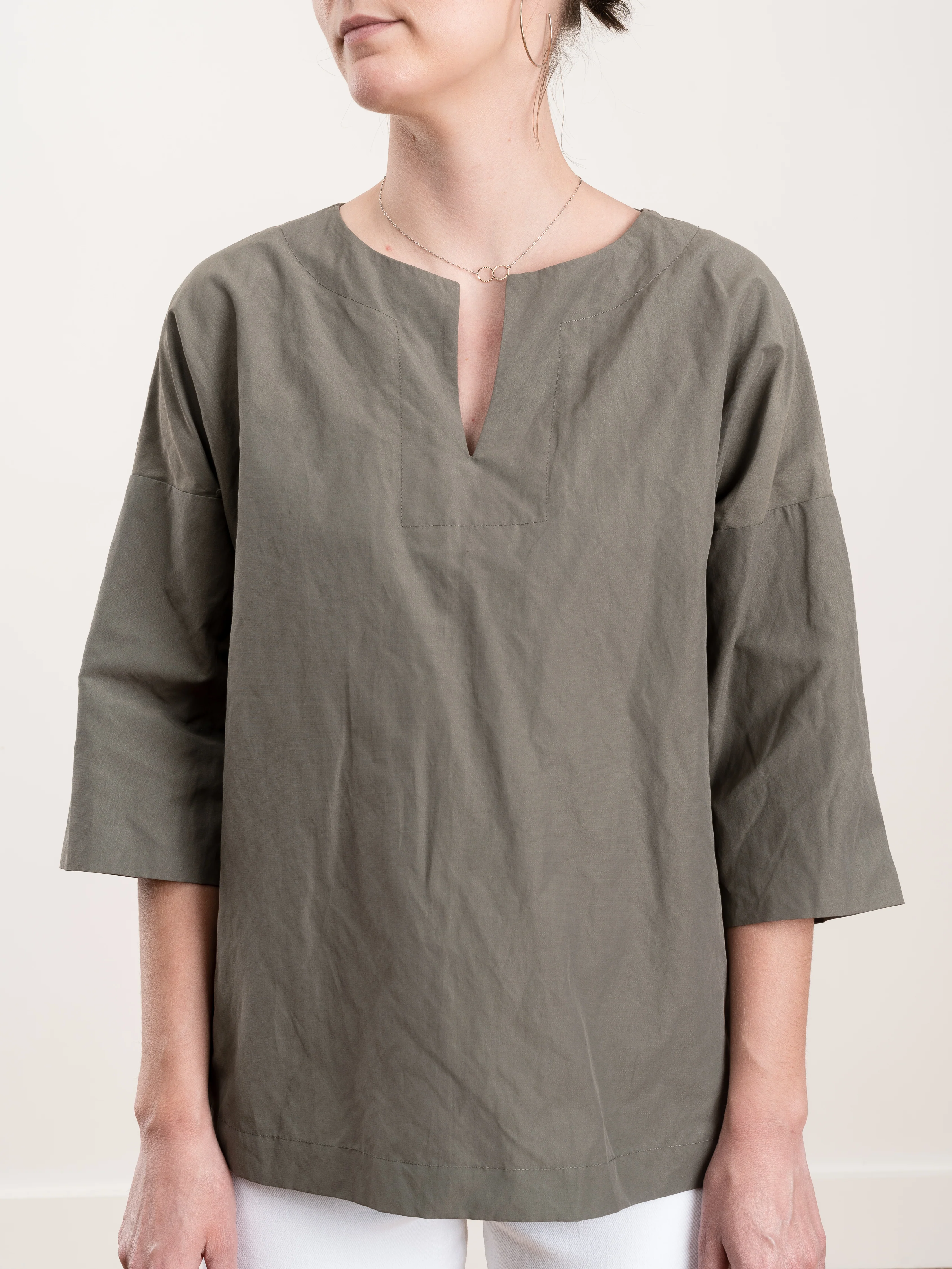 v-placket pullover top - olive - Image 3