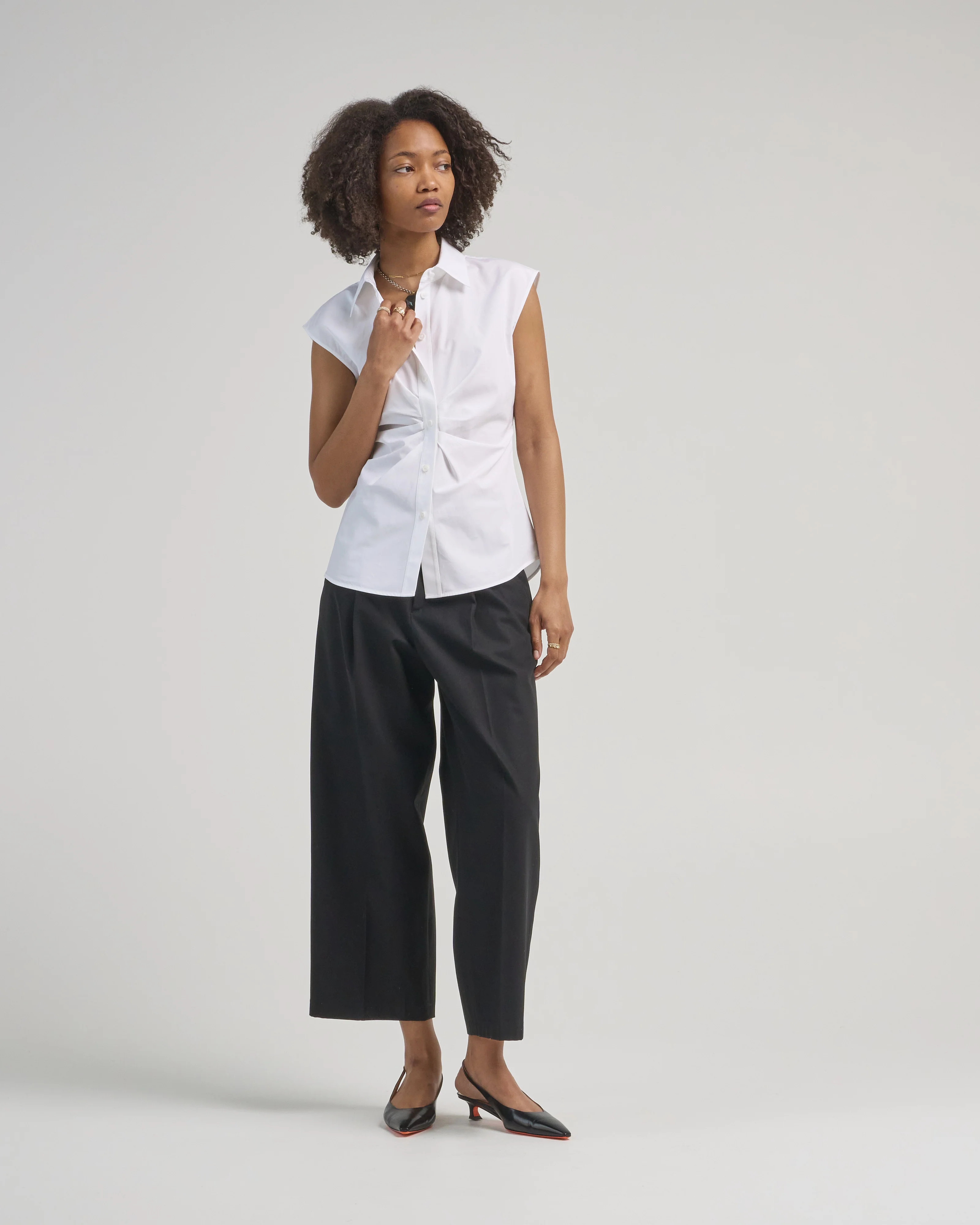 sleeveless button front shirt with irregular pleats - Image 2
