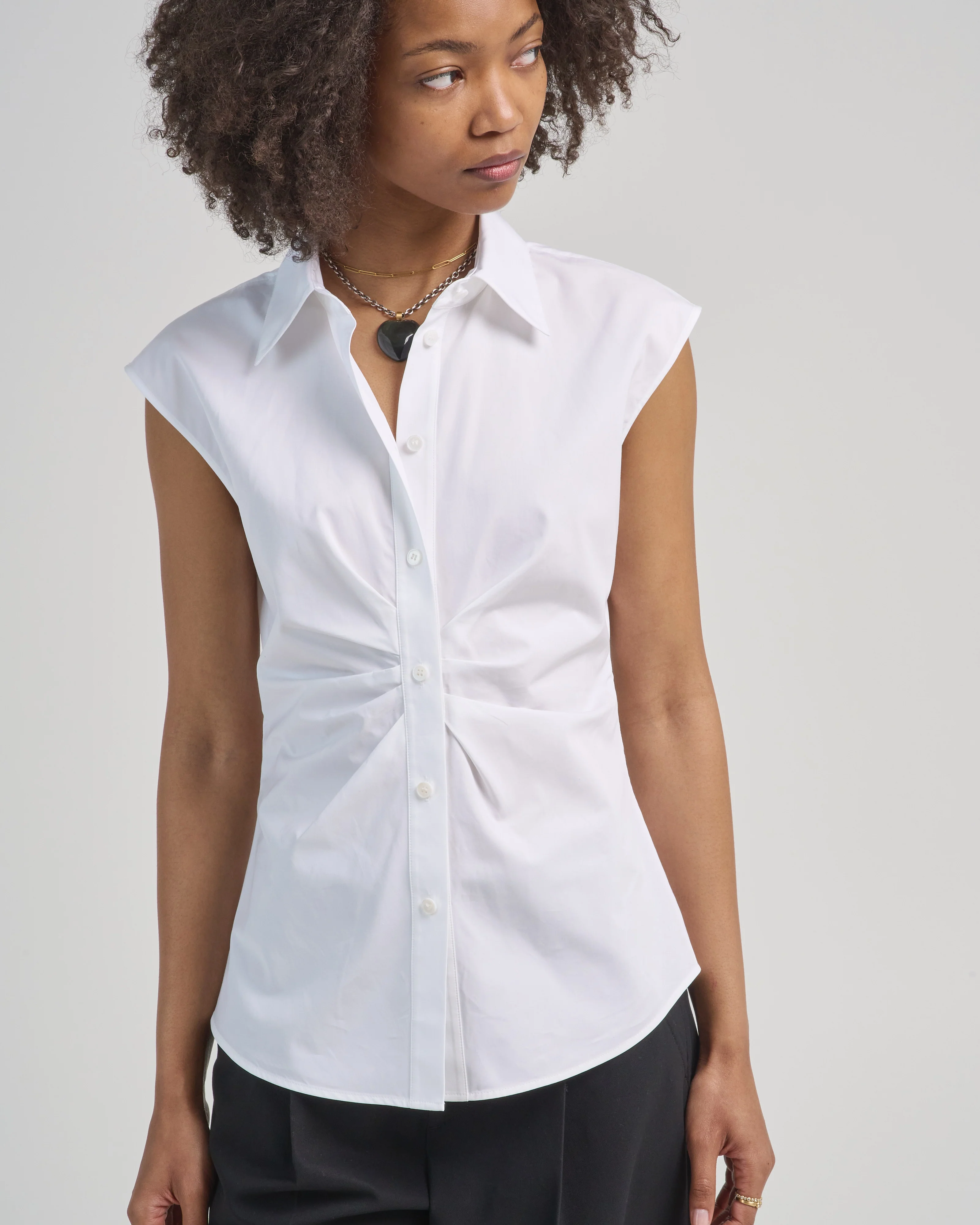 sleeveless button front shirt with irregular pleats - Image 5
