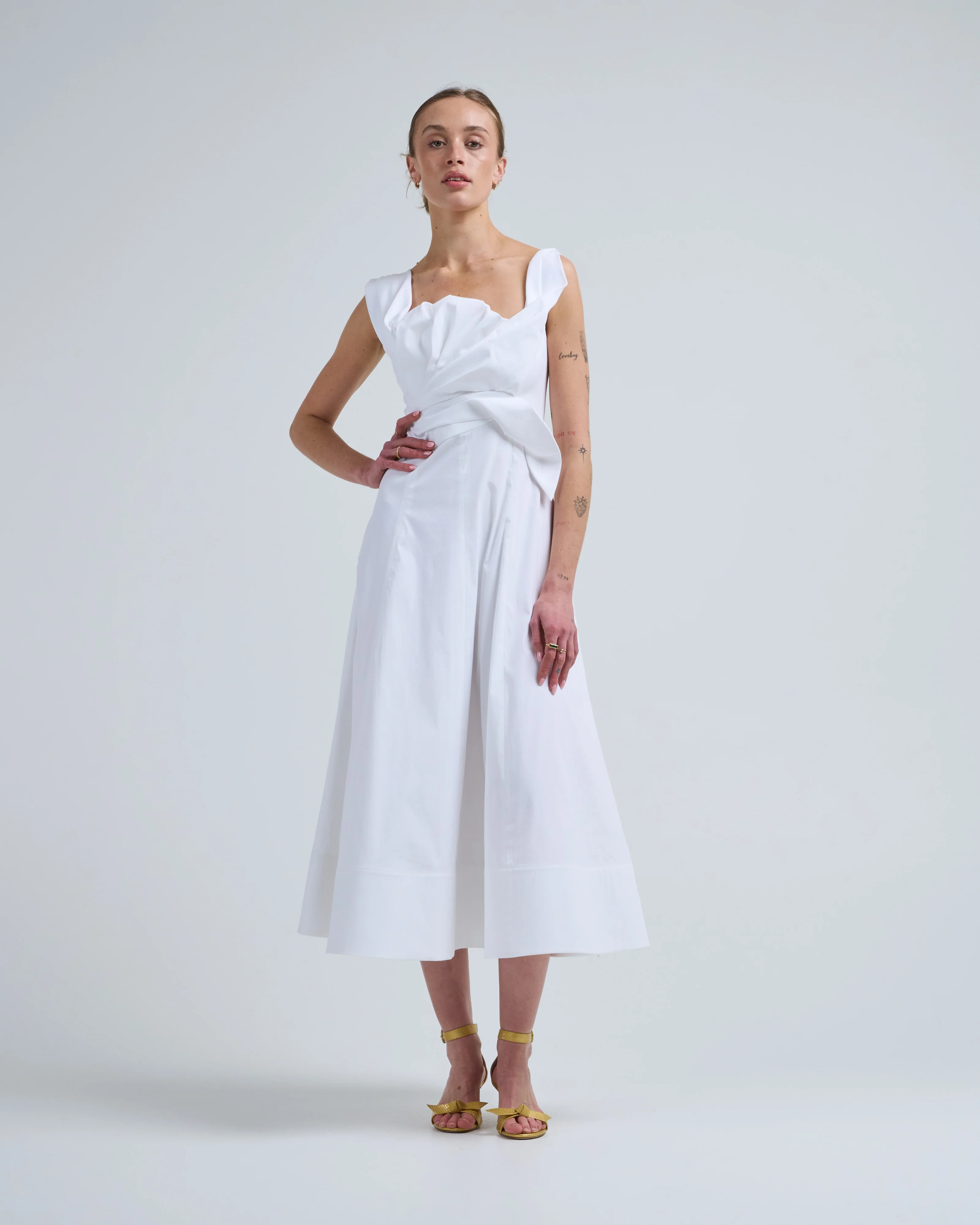 cotton poplin draped floral dress