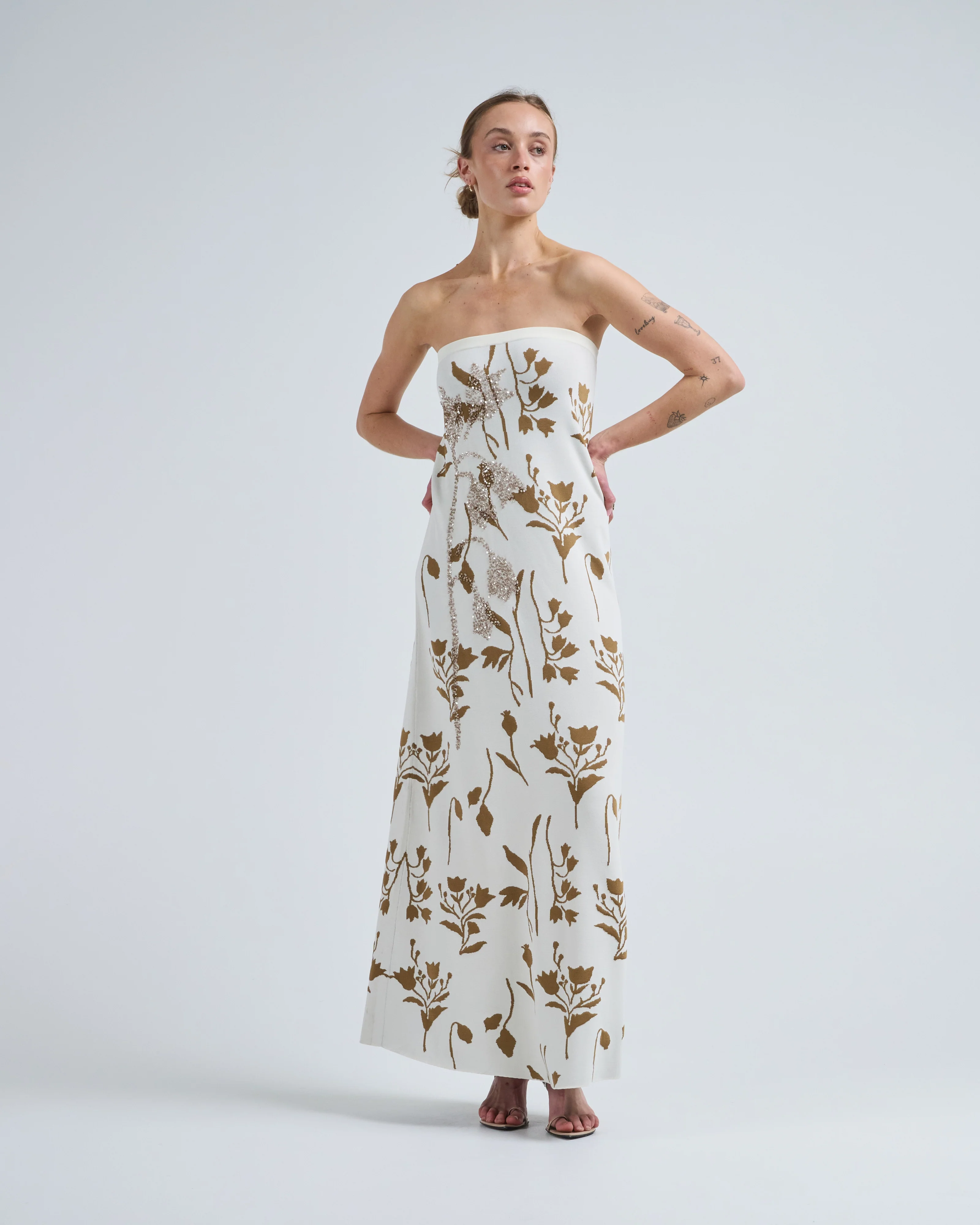 floral jacquard knit beaded strapless dress