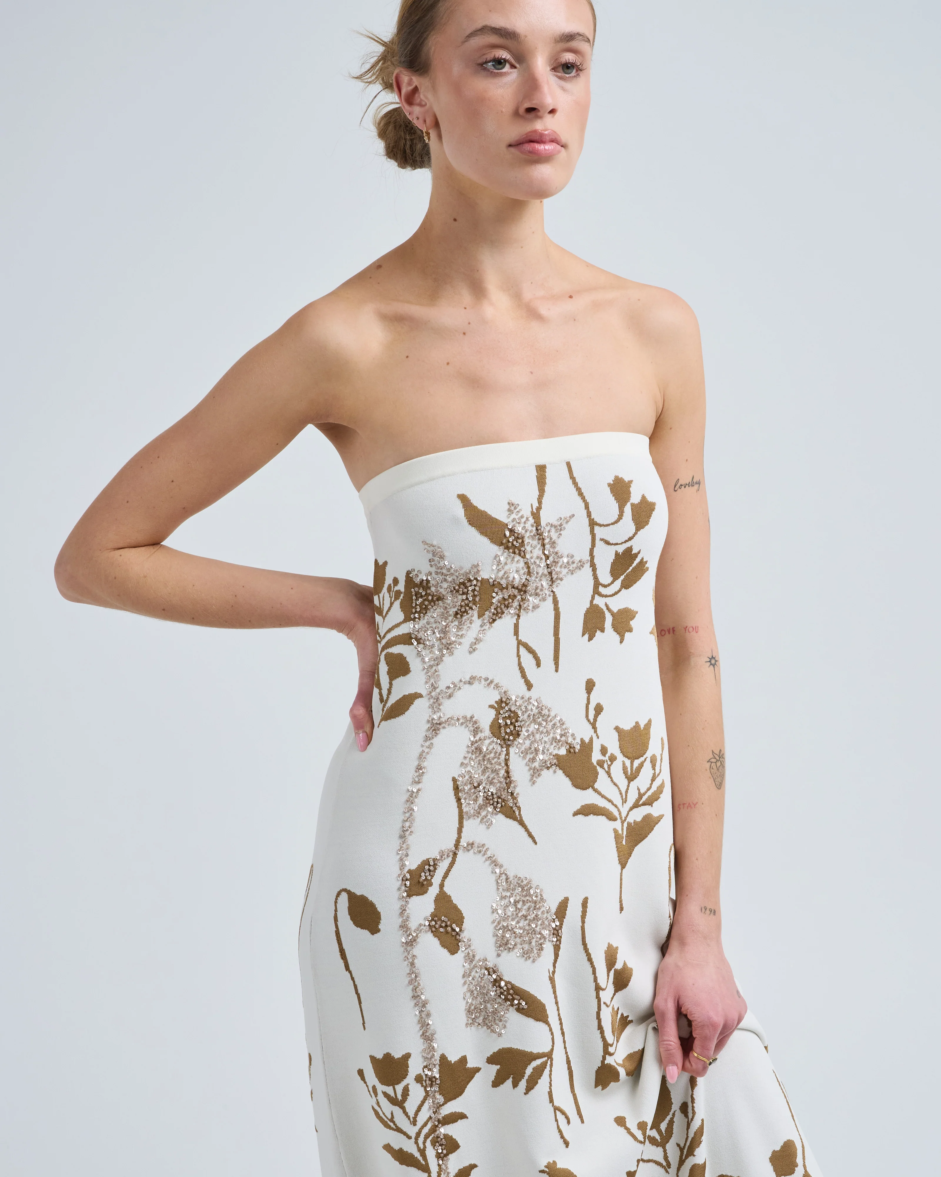 floral jacquard knit beaded strapless dress - Image 2