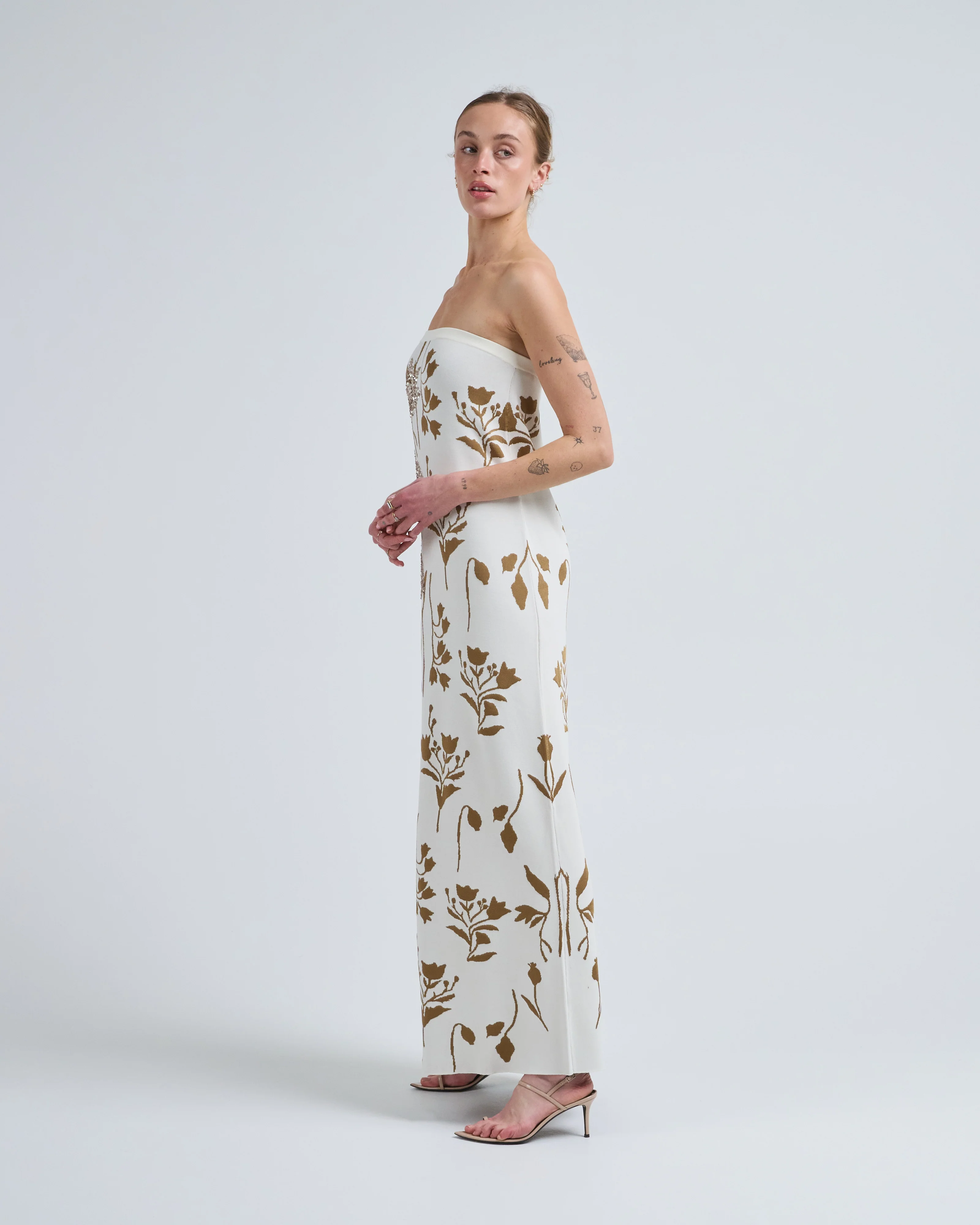 floral jacquard knit beaded strapless dress - Image 3