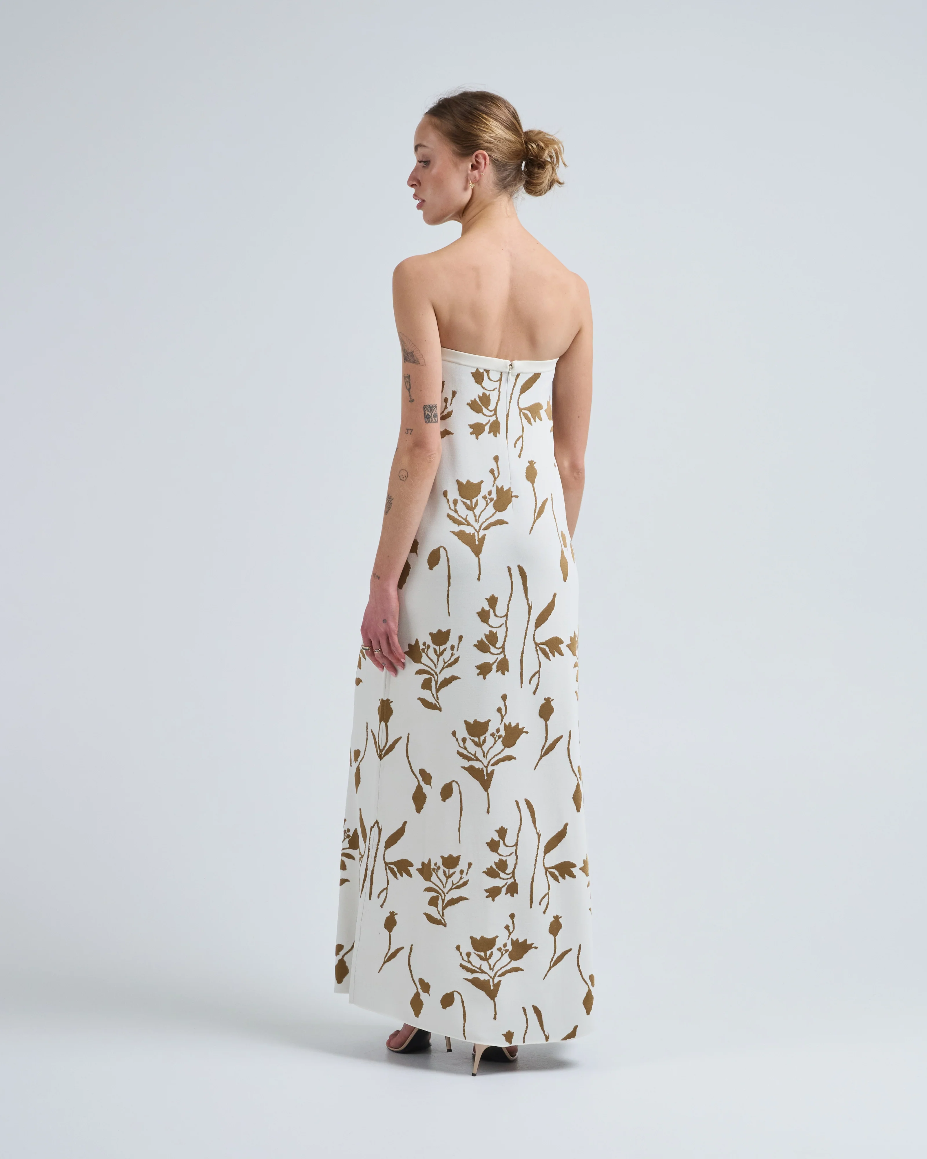 floral jacquard knit beaded strapless dress - Image 4
