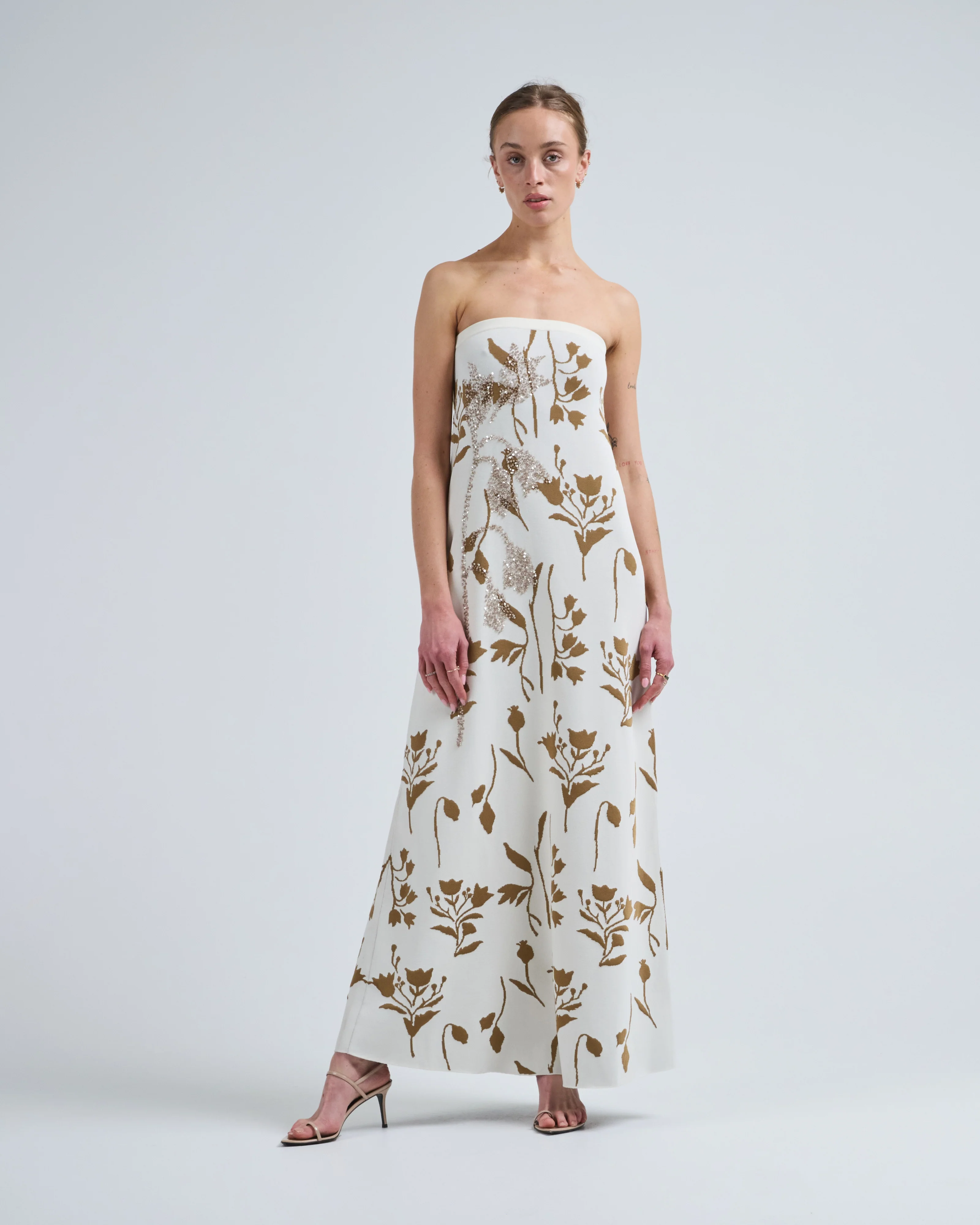floral jacquard knit beaded strapless dress - Image 5