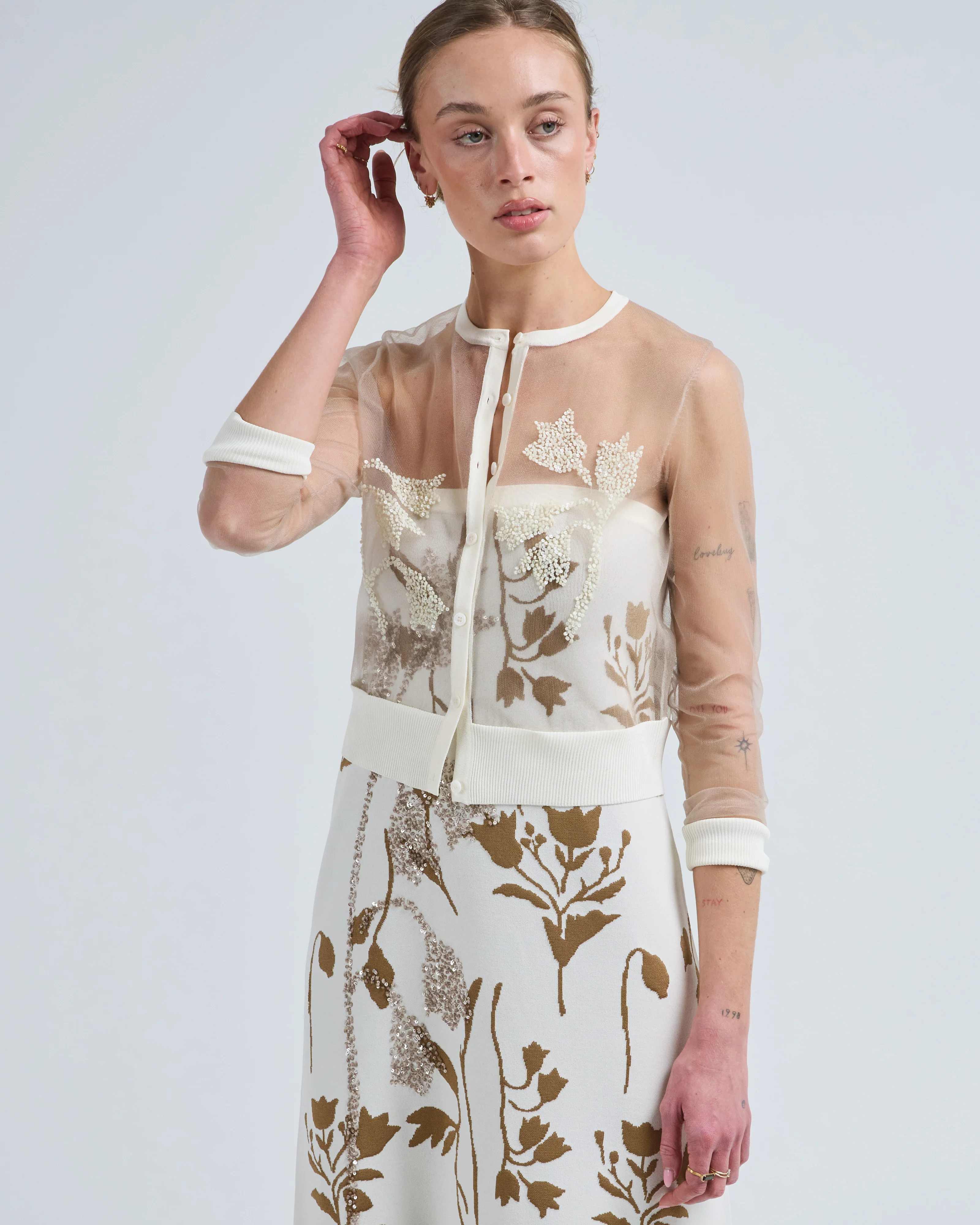 floral jacquard knit sheer beaded cardigan