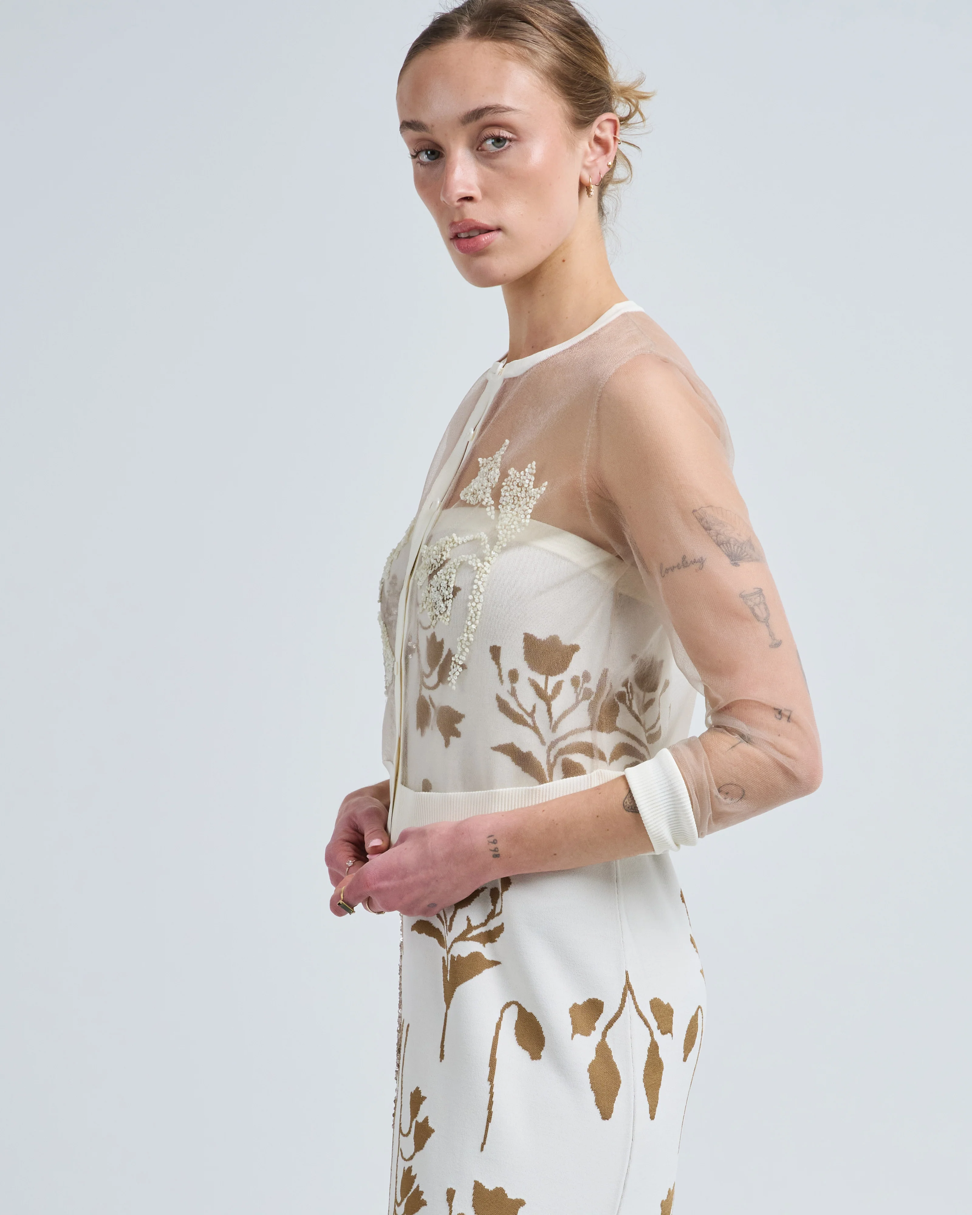 floral jacquard knit sheer beaded cardigan - Image 2