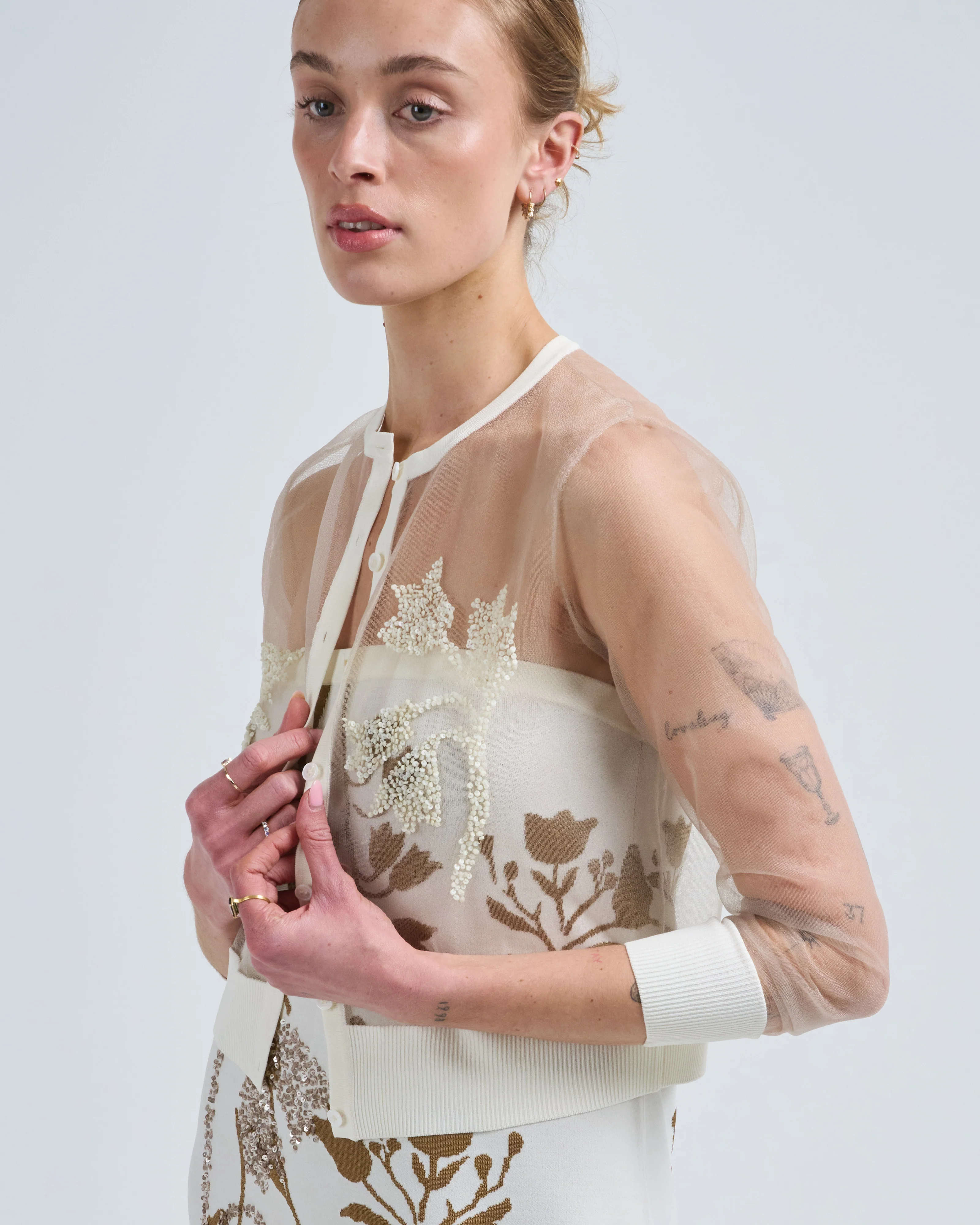floral jacquard knit sheer beaded cardigan - Image 4