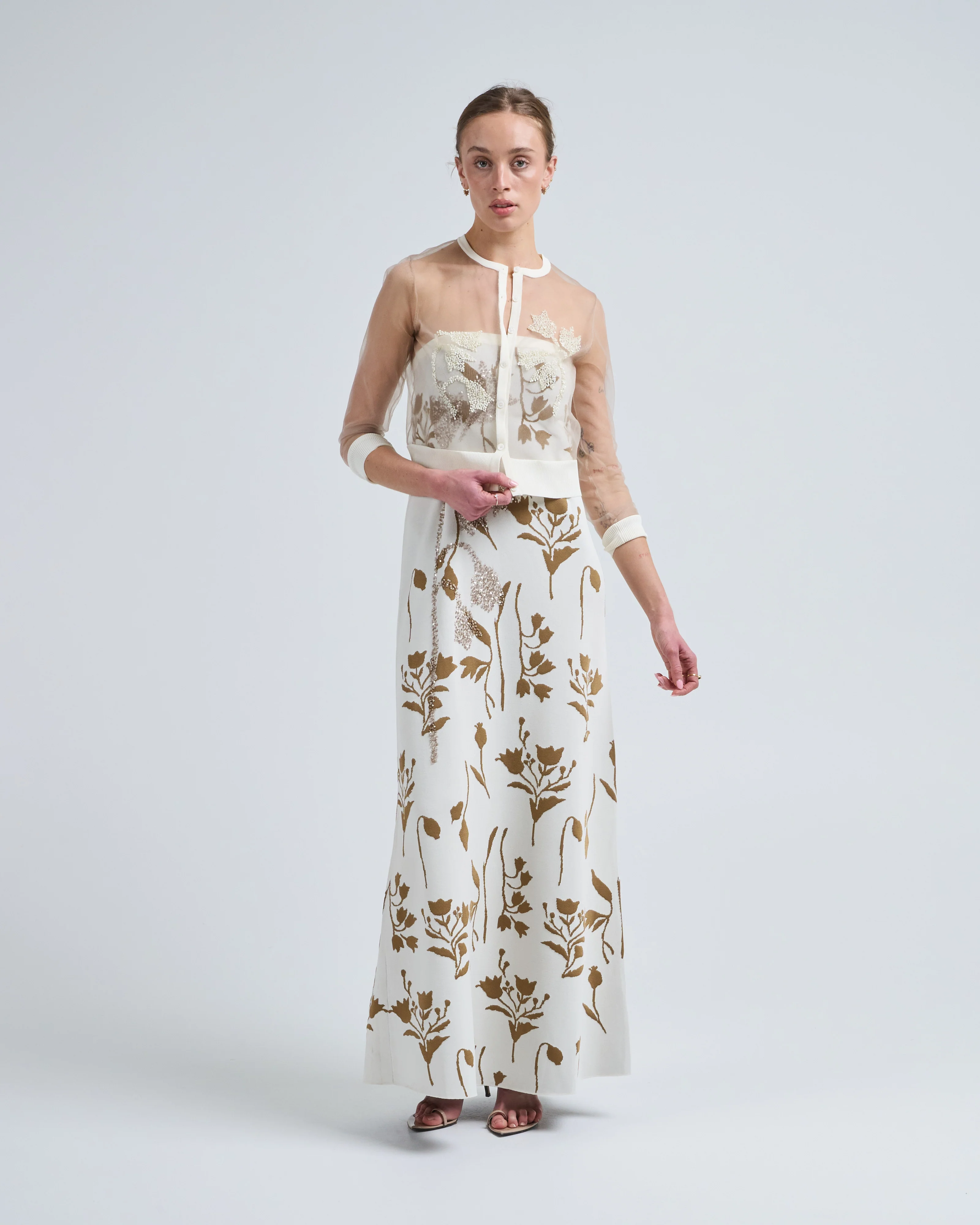 floral jacquard knit sheer beaded cardigan - Image 5