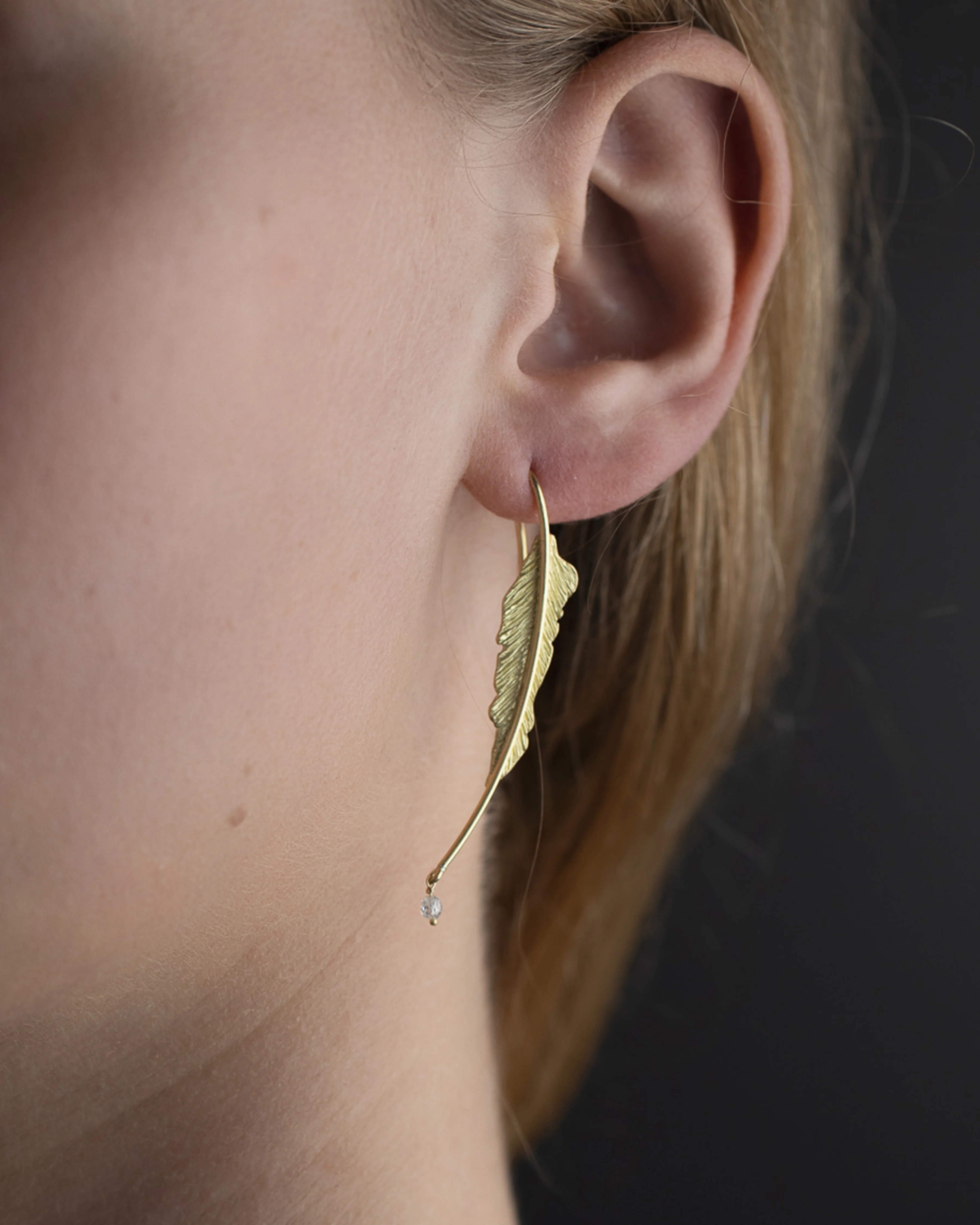 18k gold feather earrings with diamond beads - Image 2