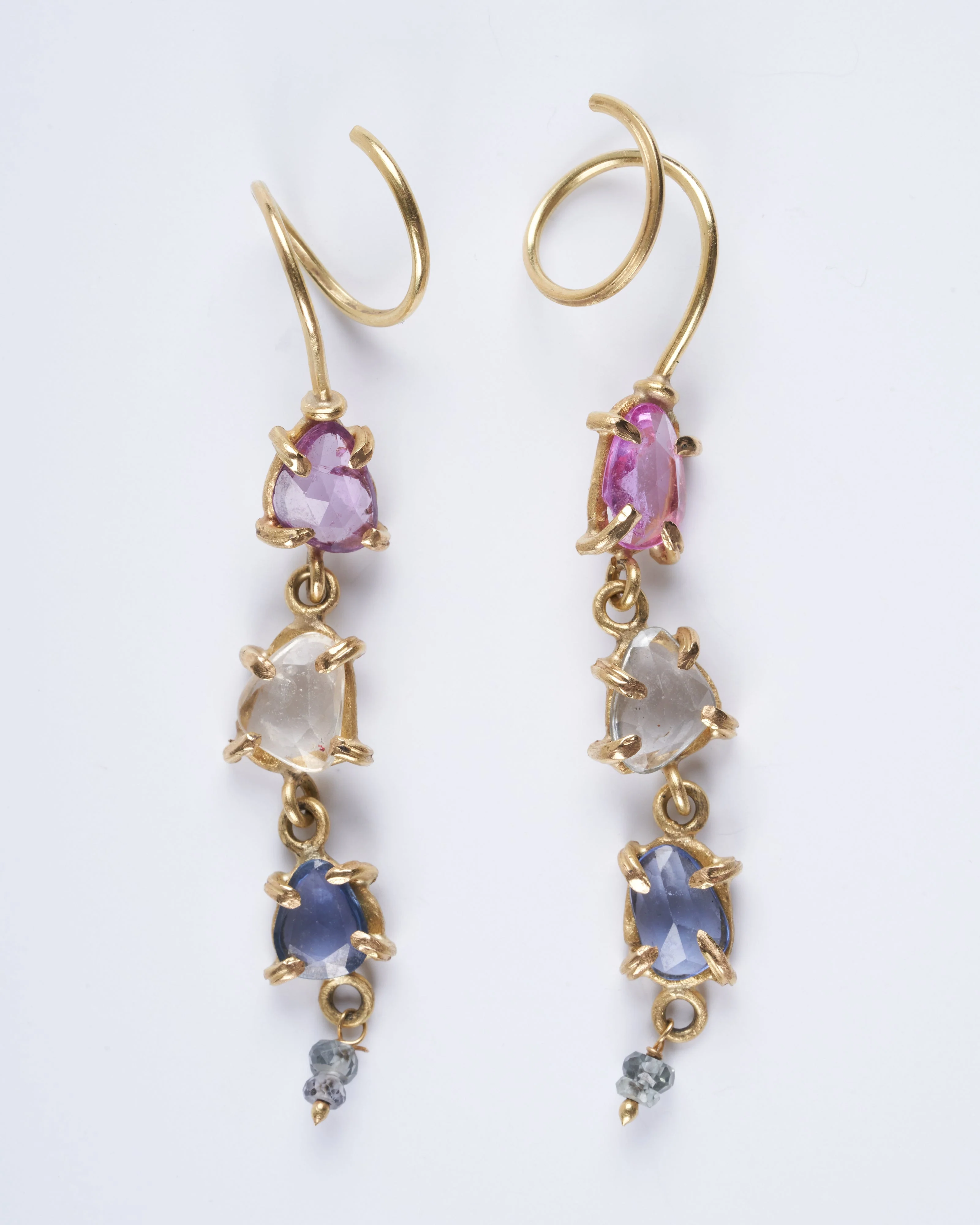 cork screw earrings with montana rainbow sapphires and green diamonds - Image 2