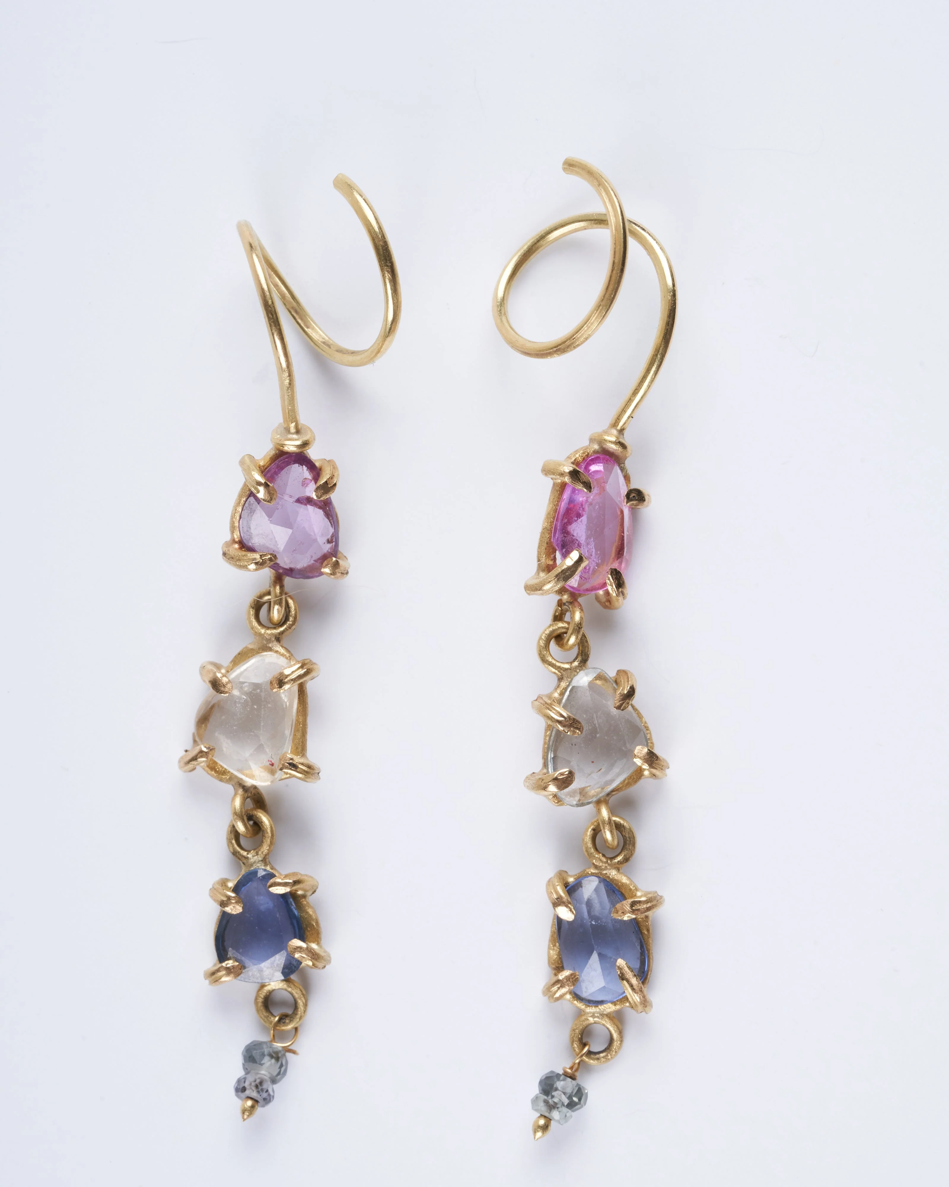 cork screw earrings with montana rainbow sapphires and green diamonds - Image 3