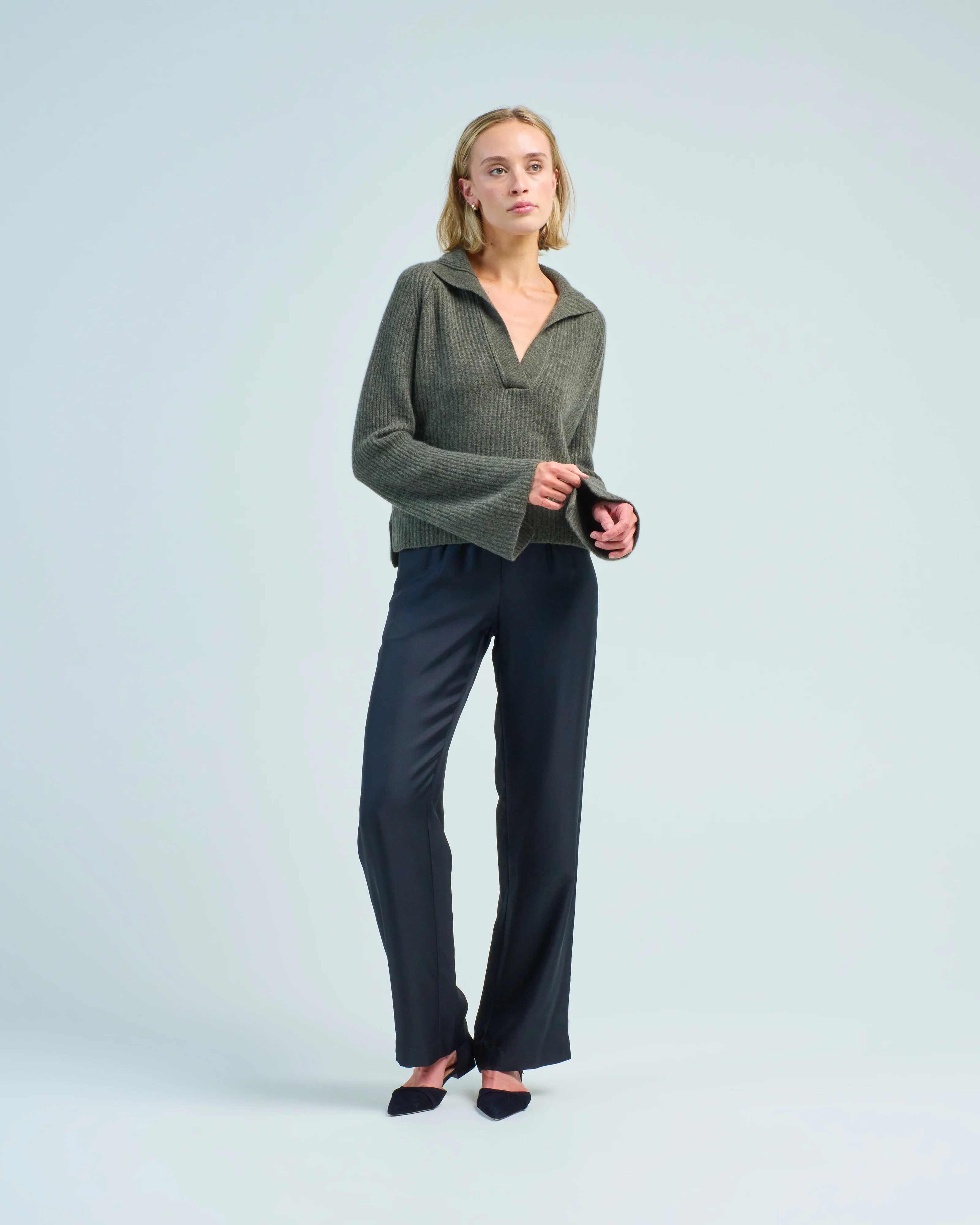 polo collar v-veck ribbed sweater - Image 2