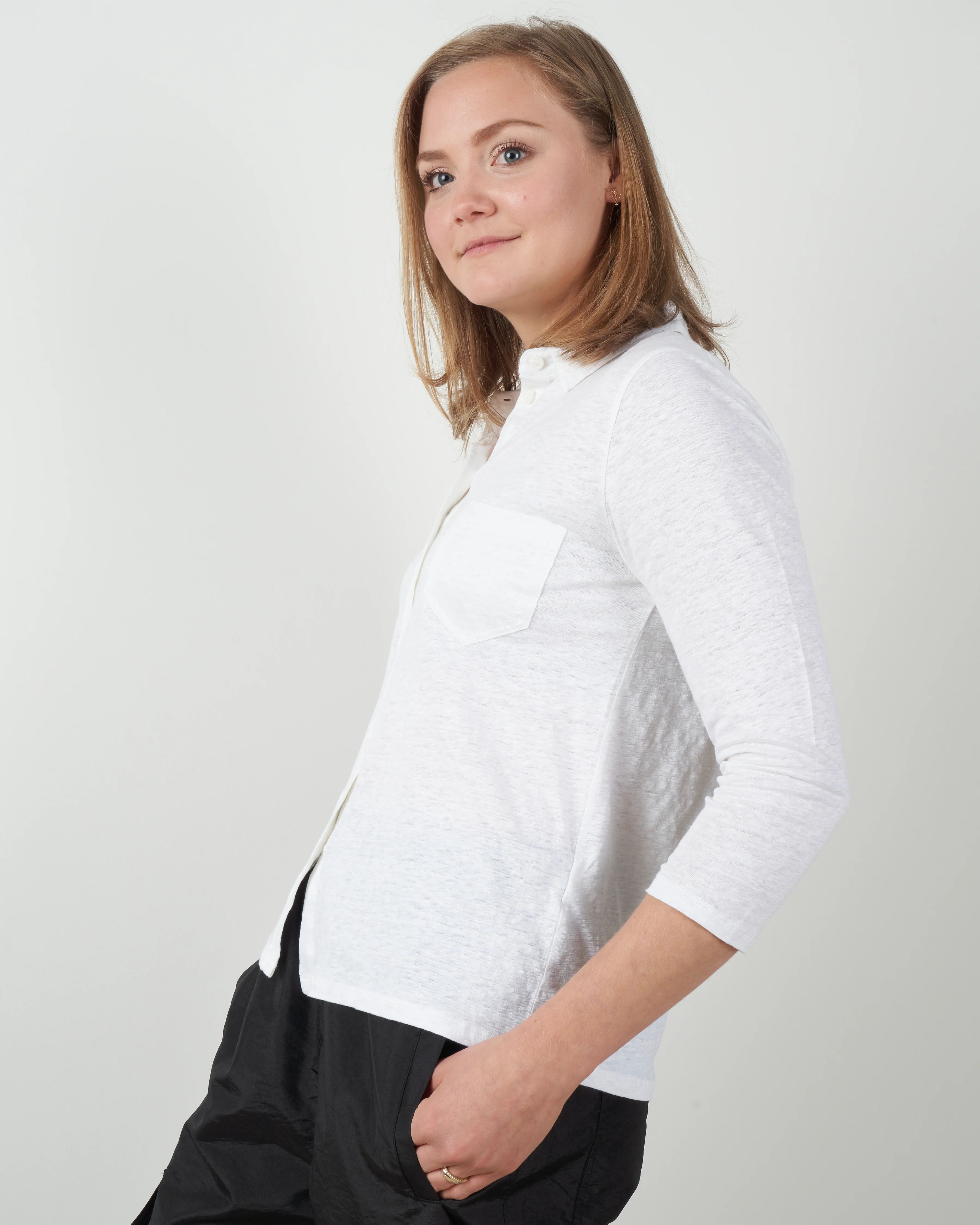 linen/elastane elbow sleeve shirt - blanc - Image 2