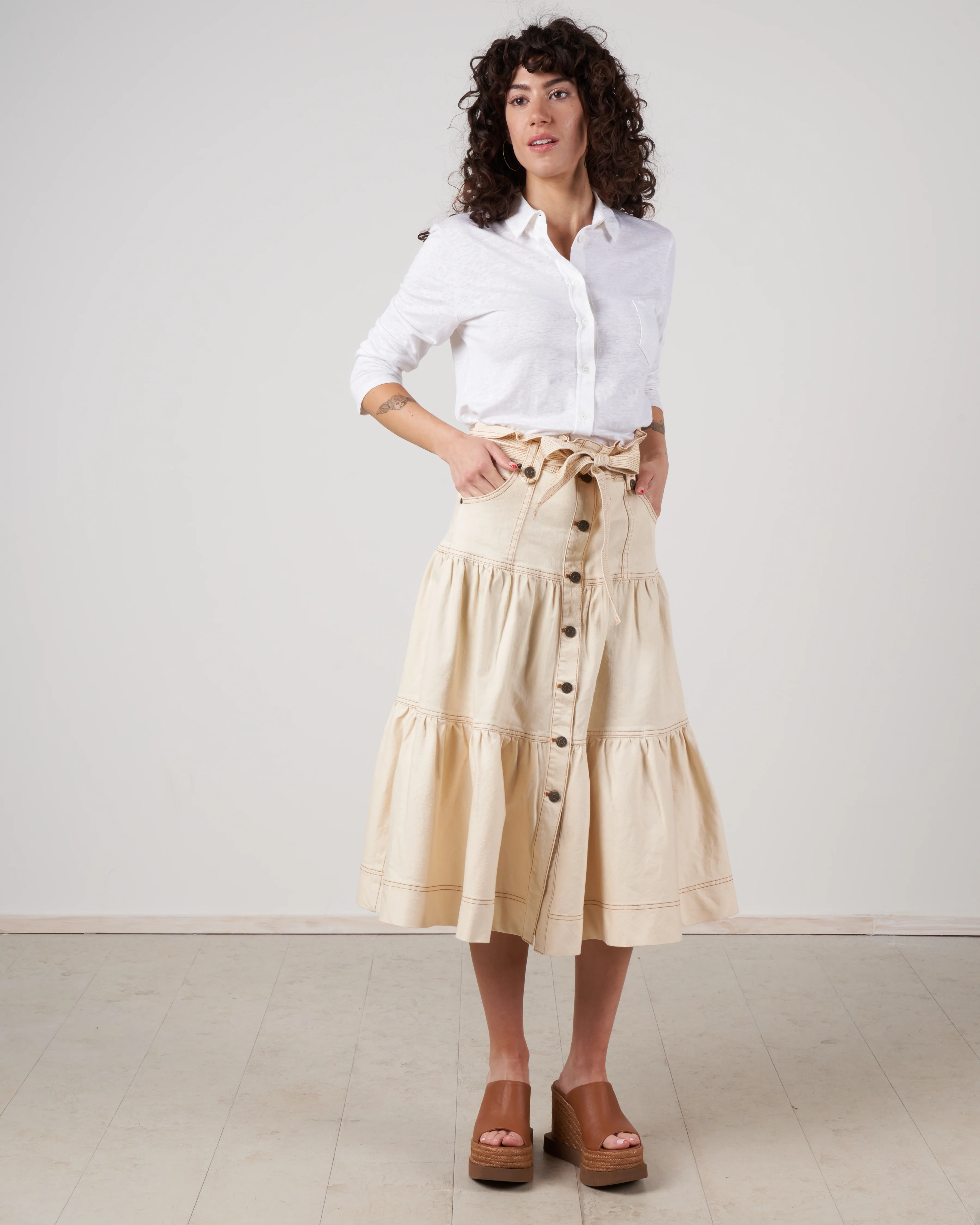 linen/elastane elbow sleeve shirt - blanc - Image 6