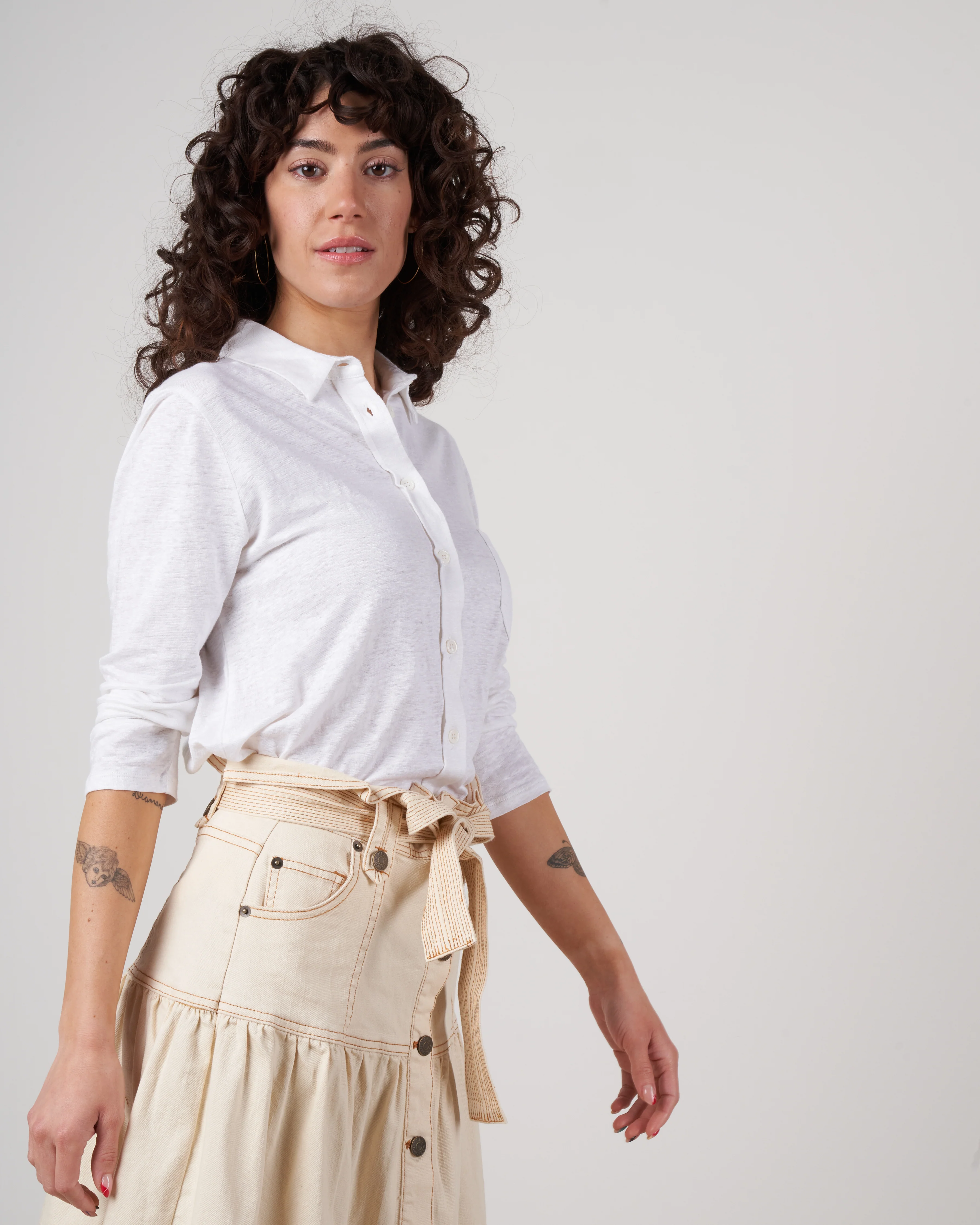 linen/elastane elbow sleeve shirt - blanc - Image 8