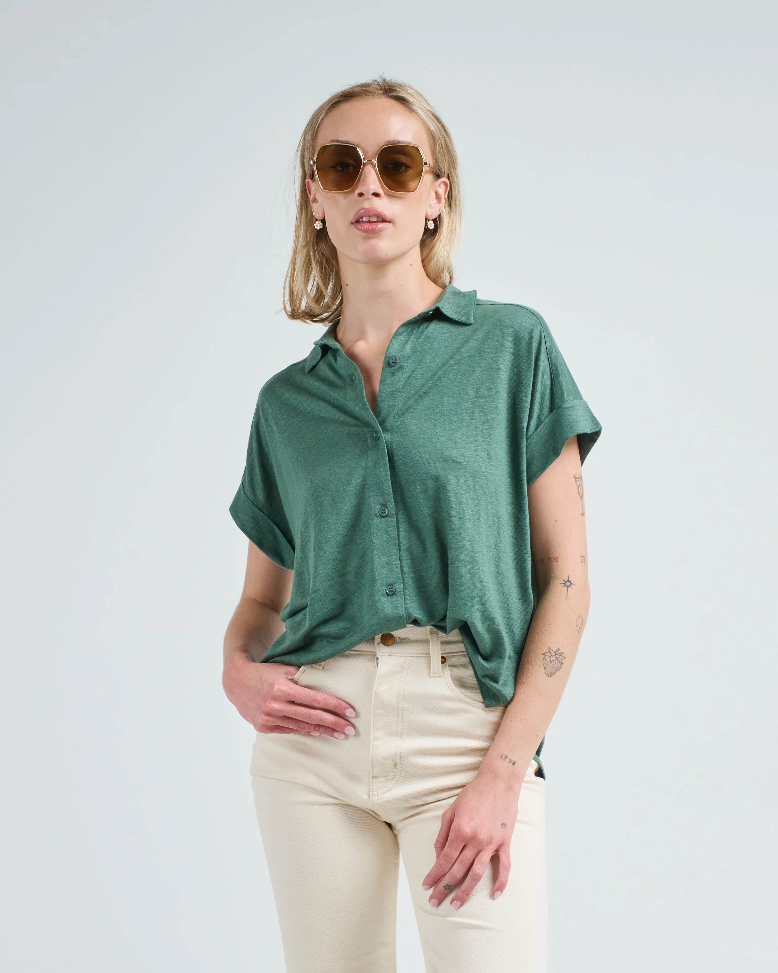 stretch linen s/s shirt with rolled cuff