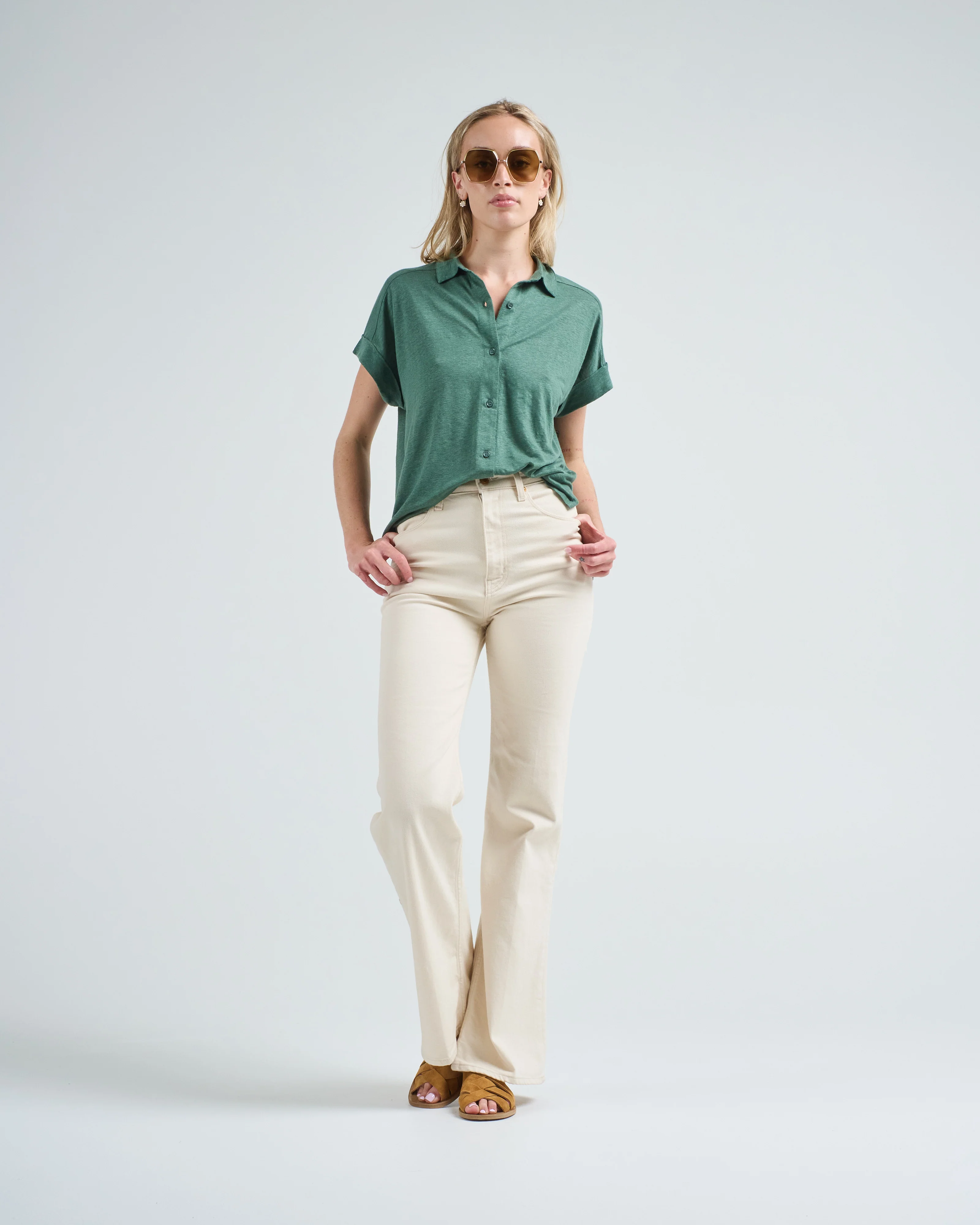 stretch linen s/s shirt with rolled cuff - Image 2