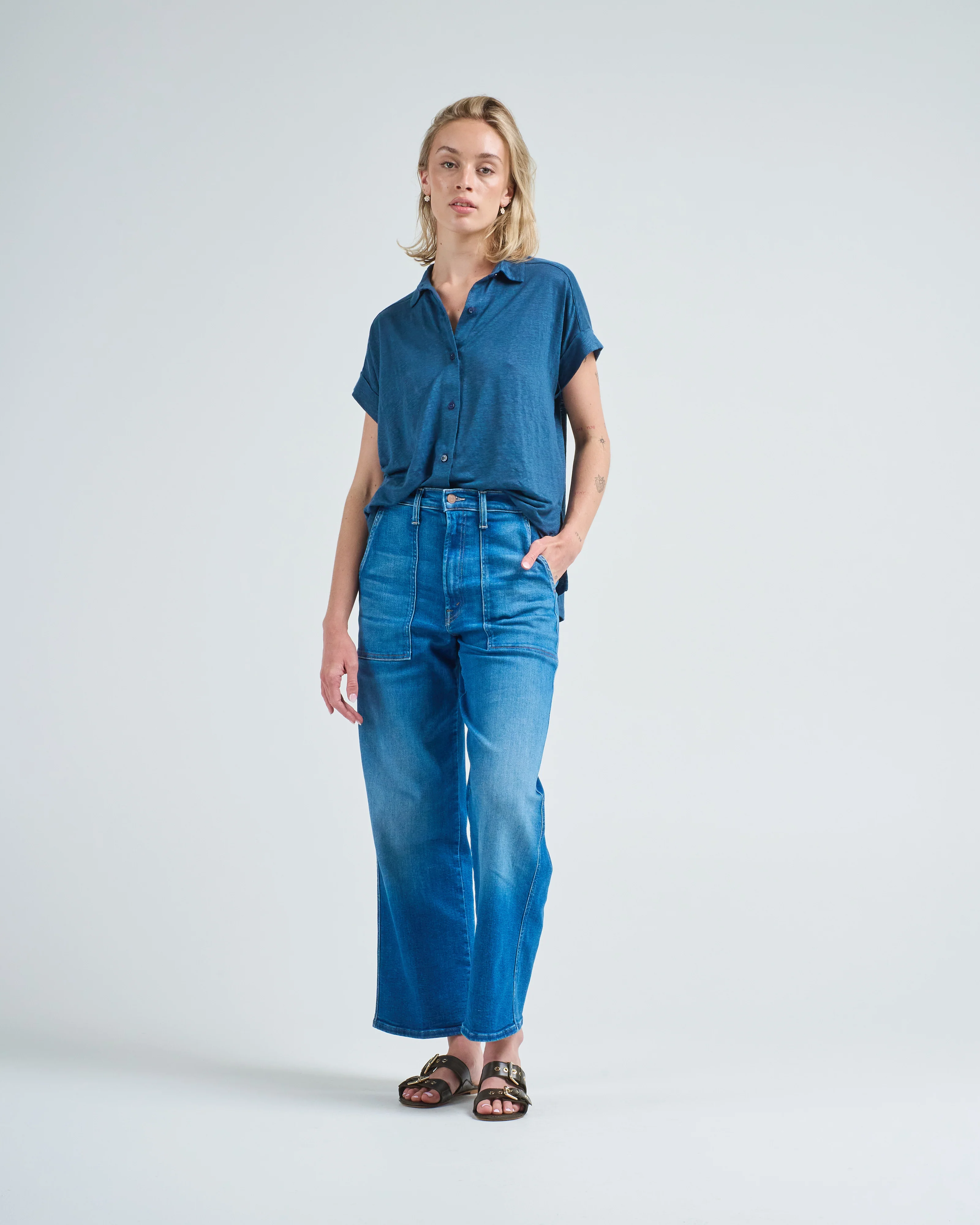 stretch linen s/s shirt with rolled cuff - Image 2