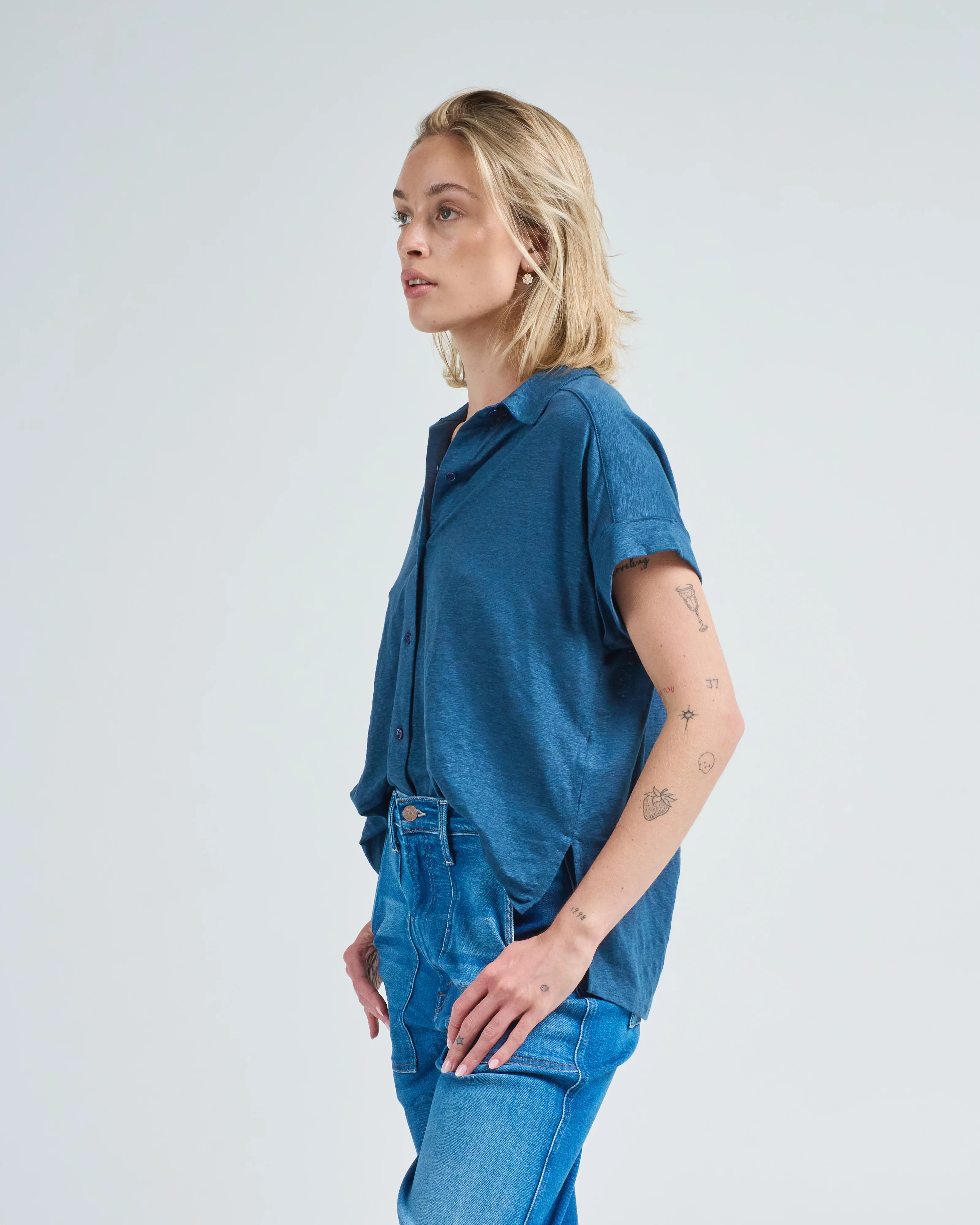 stretch linen s/s shirt with rolled cuff - Image 3