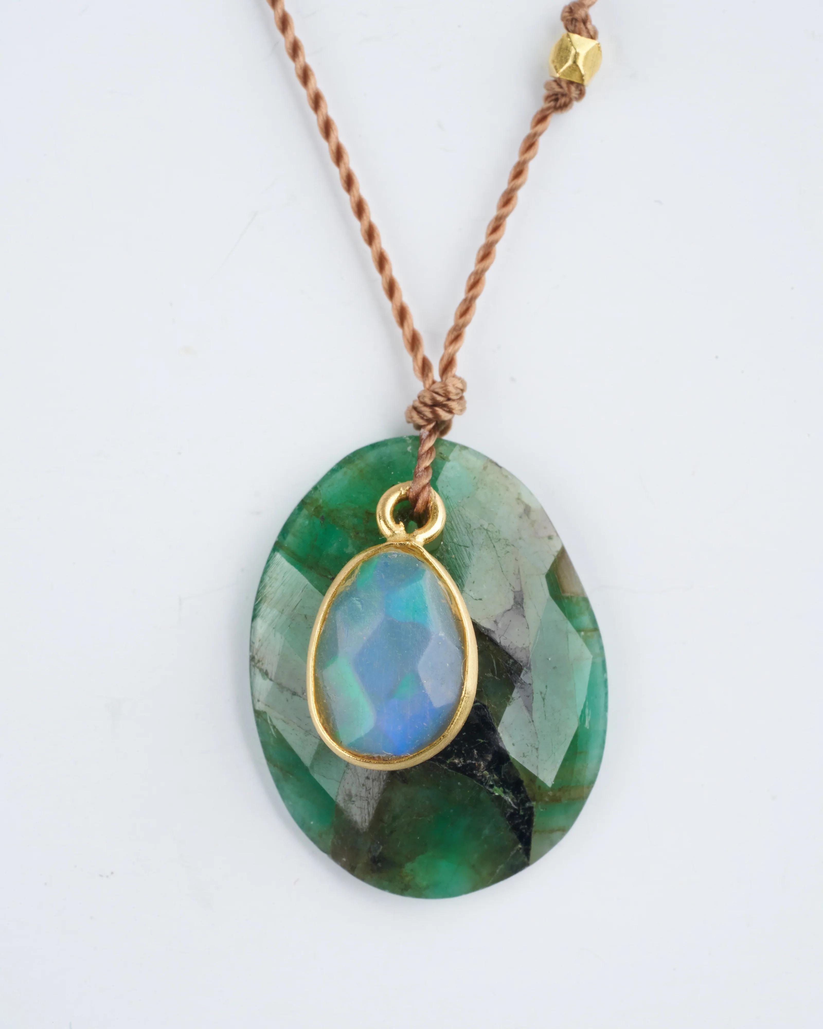 emerald and opal necklace with 18k gold bead - green - Image 2