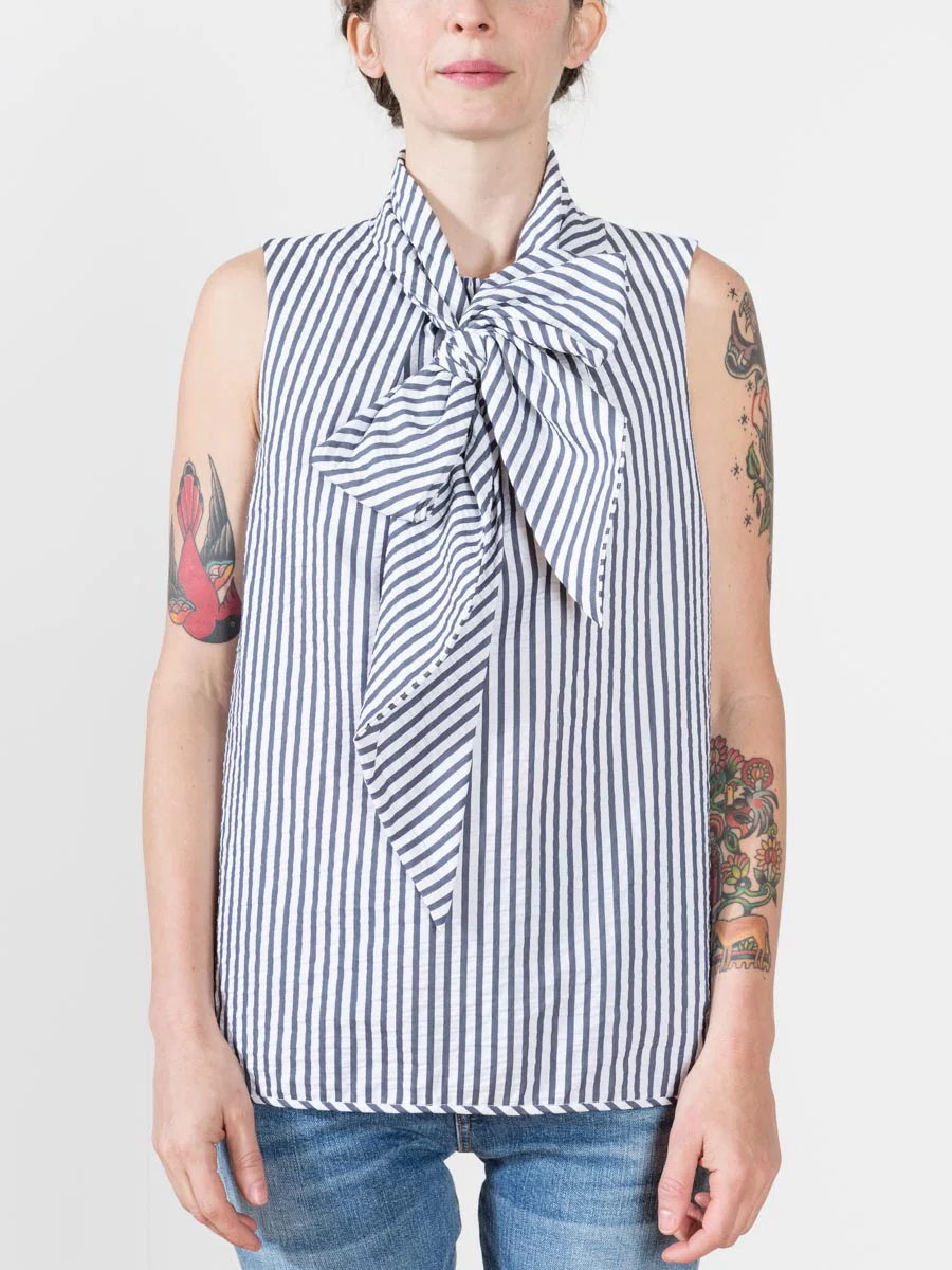 tie neck blouse - navy stripe - Image 2