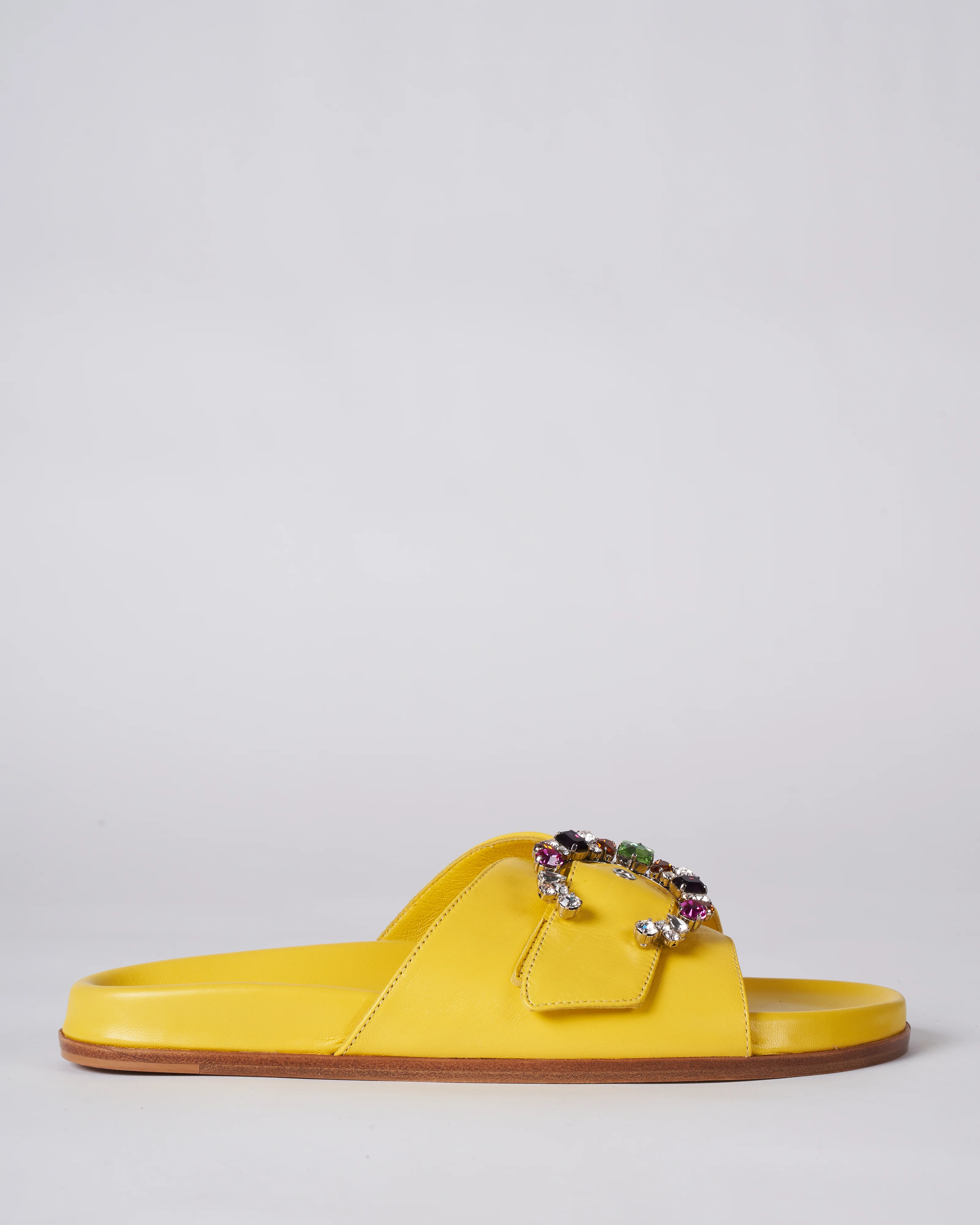 yellow flat sandal with multi colored crystal adjustable strap - Image 2
