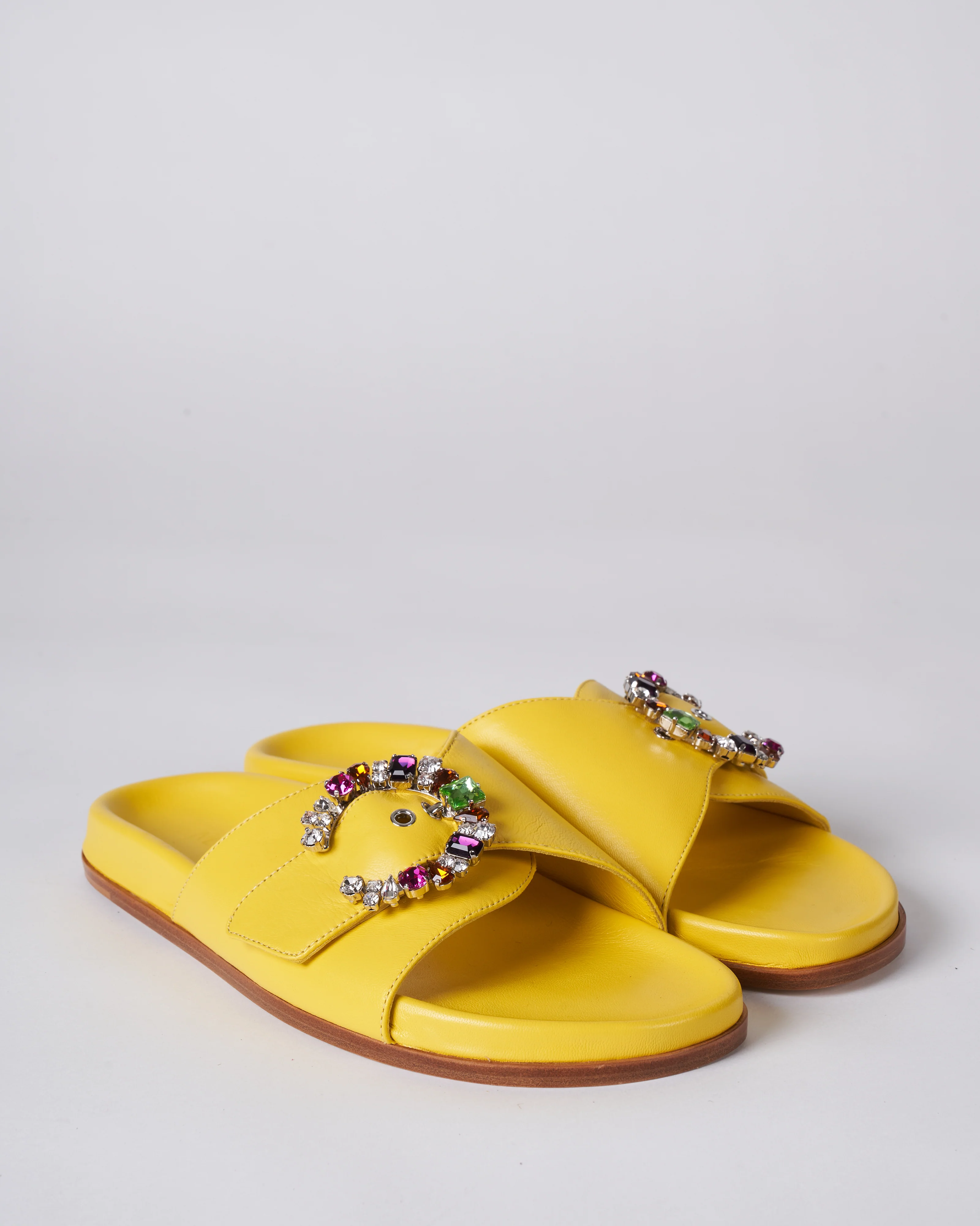 yellow flat sandal with multi colored crystal adjustable strap - Image 3