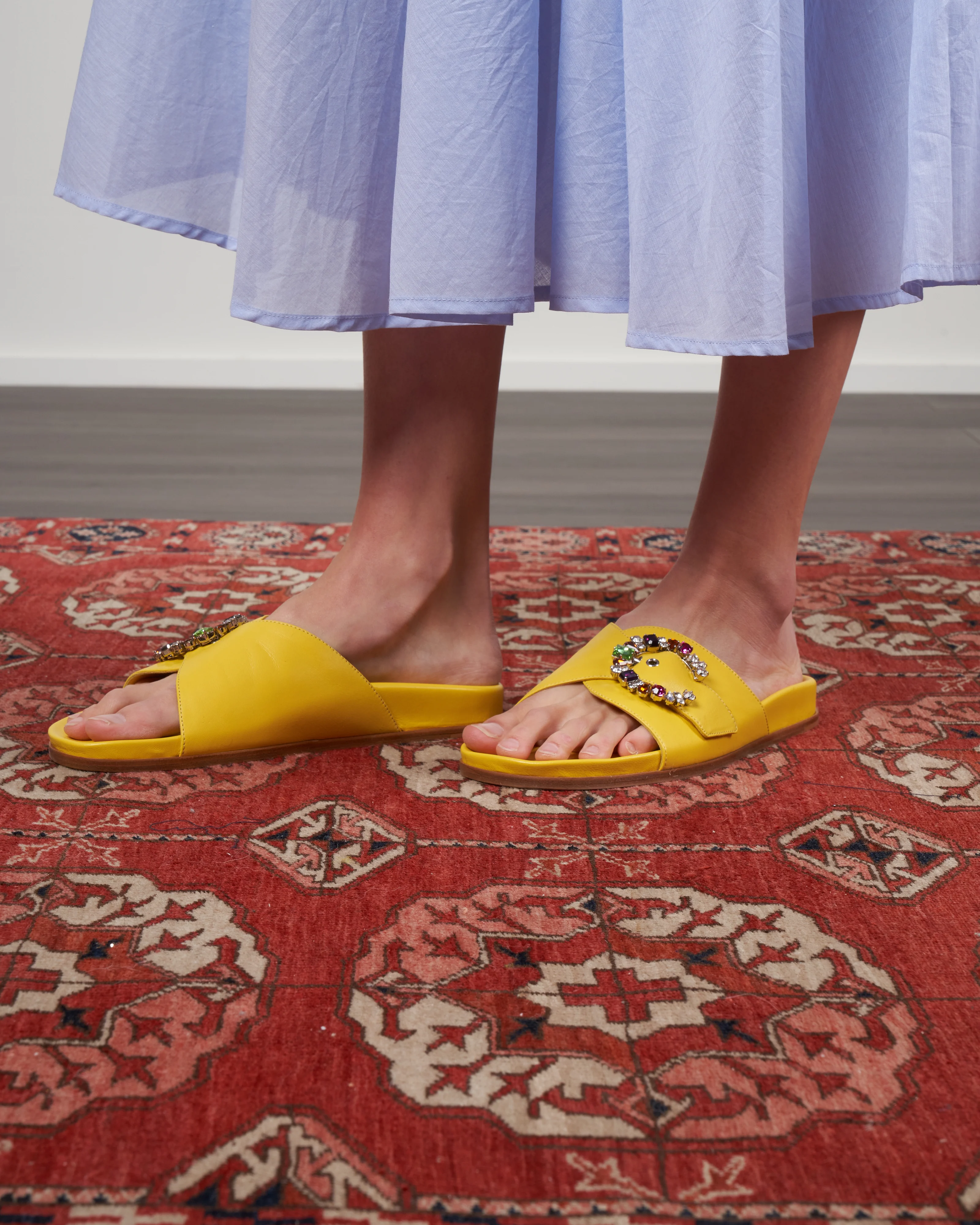 yellow flat sandal with multi colored crystal adjustable strap - Image 4