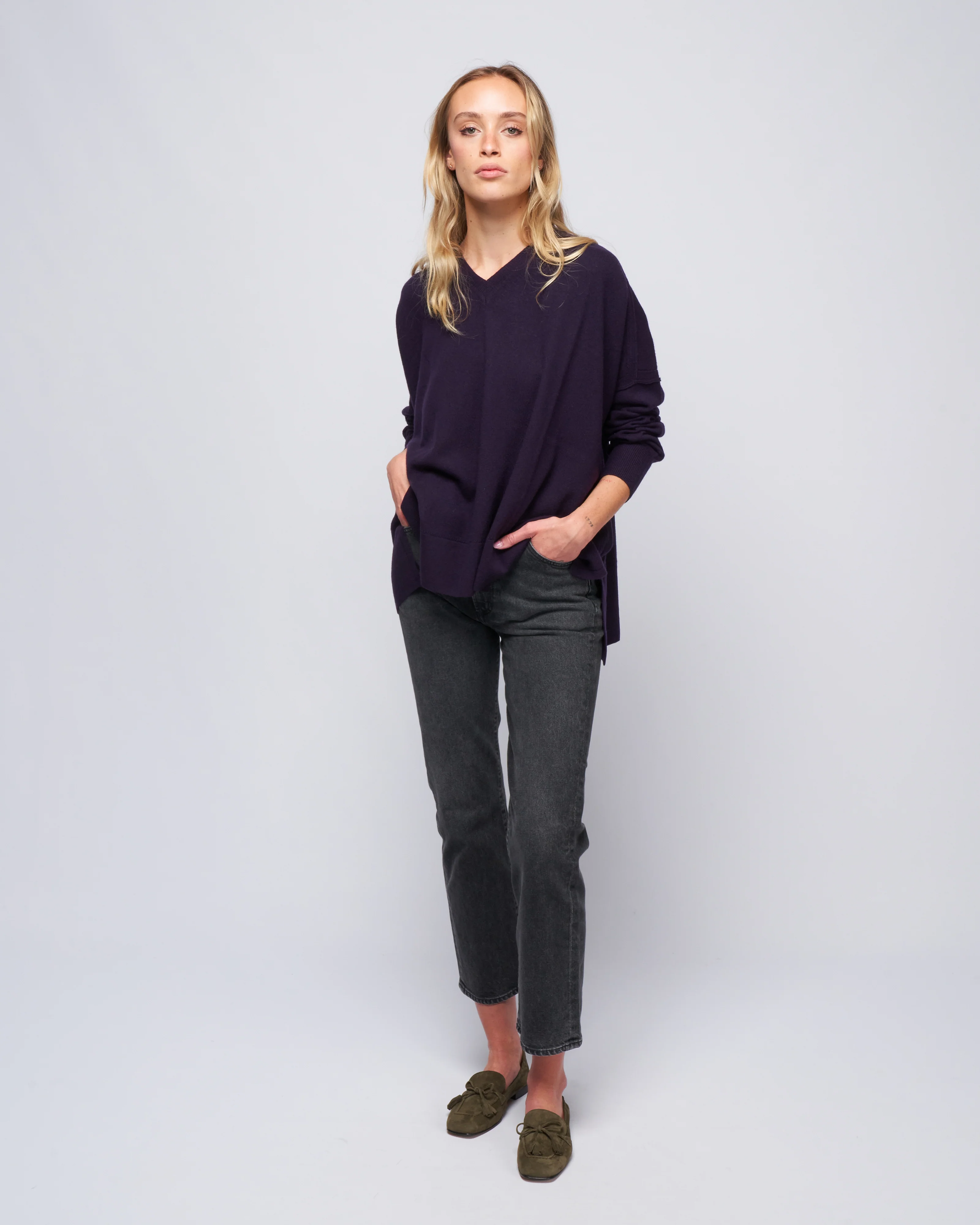 pointelle v-neck sweater - black currant - Image 2
