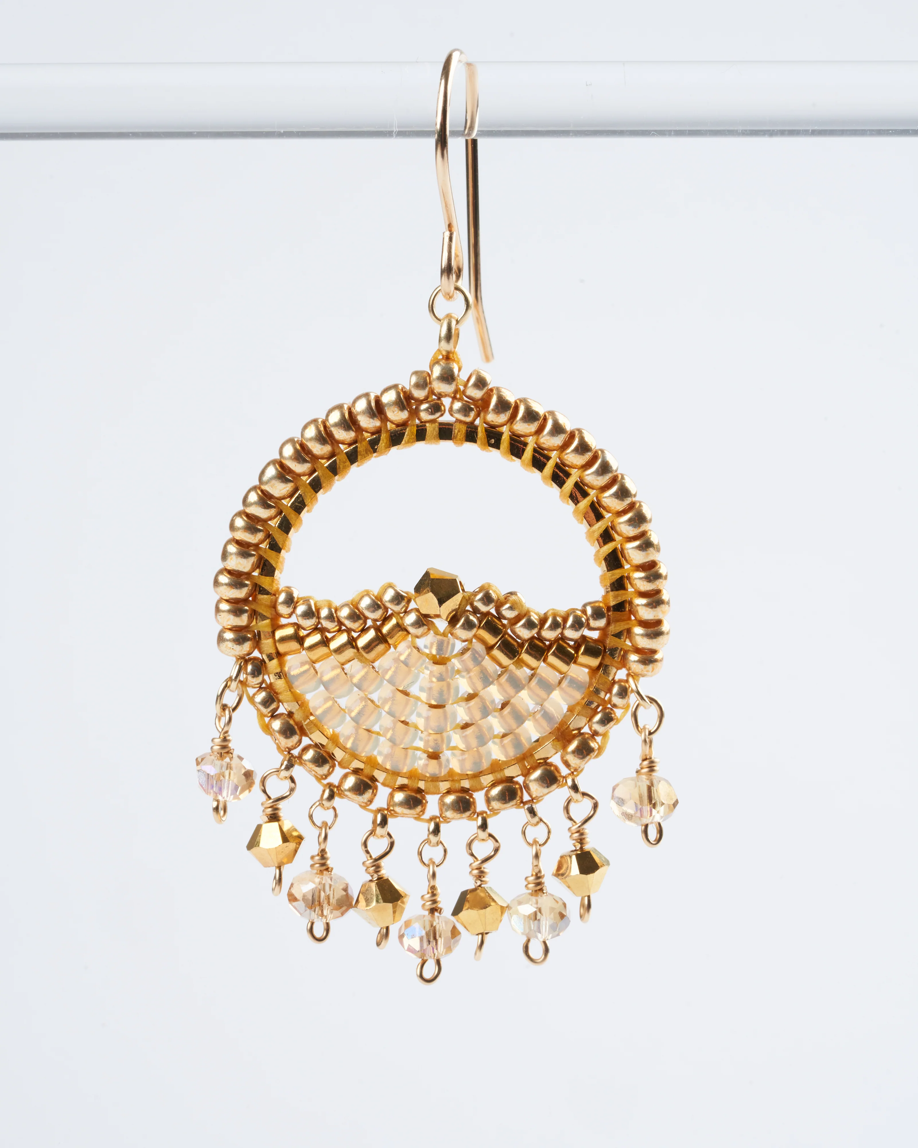 pyrite, miyuki,  swarovski hoop earrings- gold - Image 2