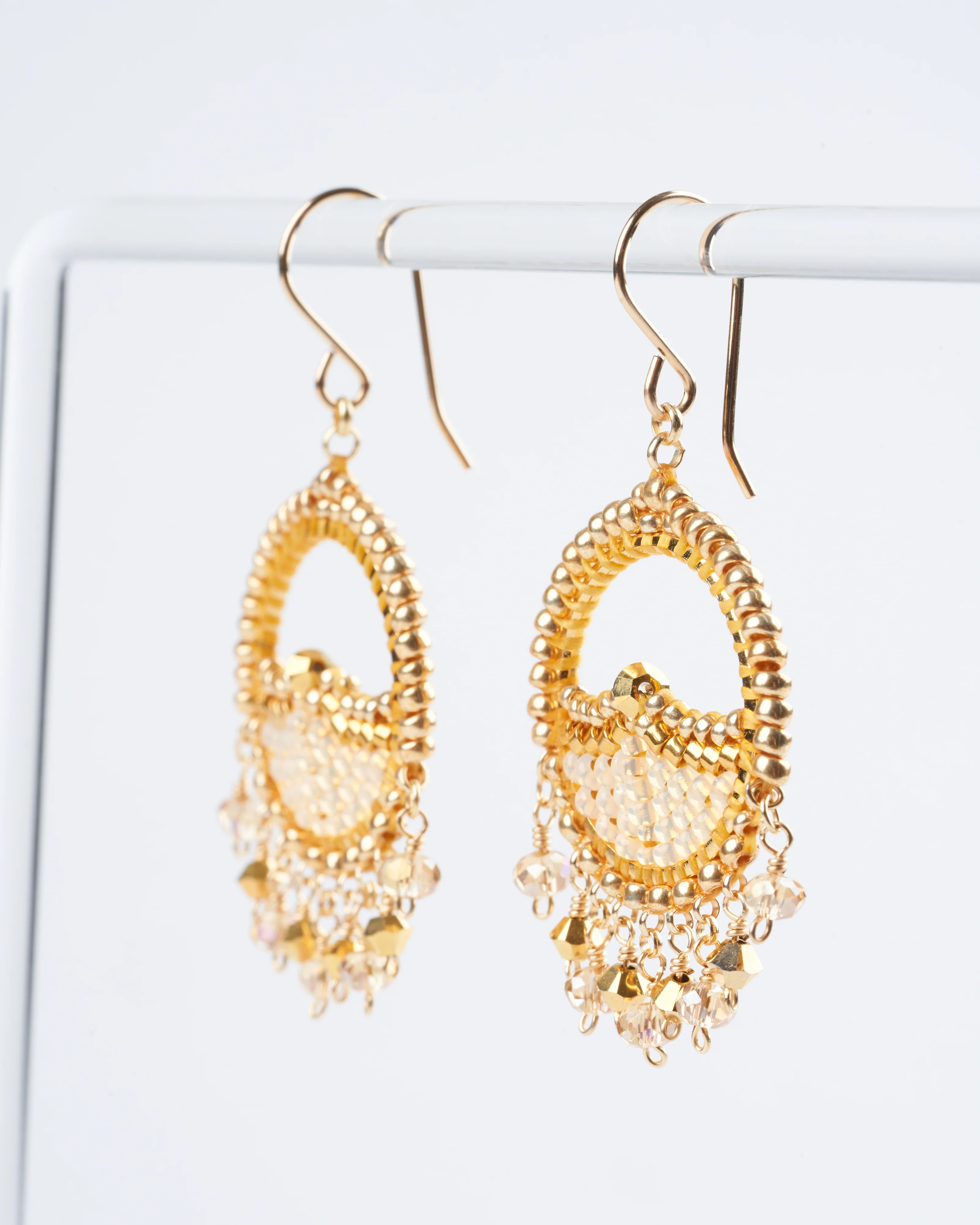 pyrite, miyuki,  swarovski hoop earrings- gold - Image 3