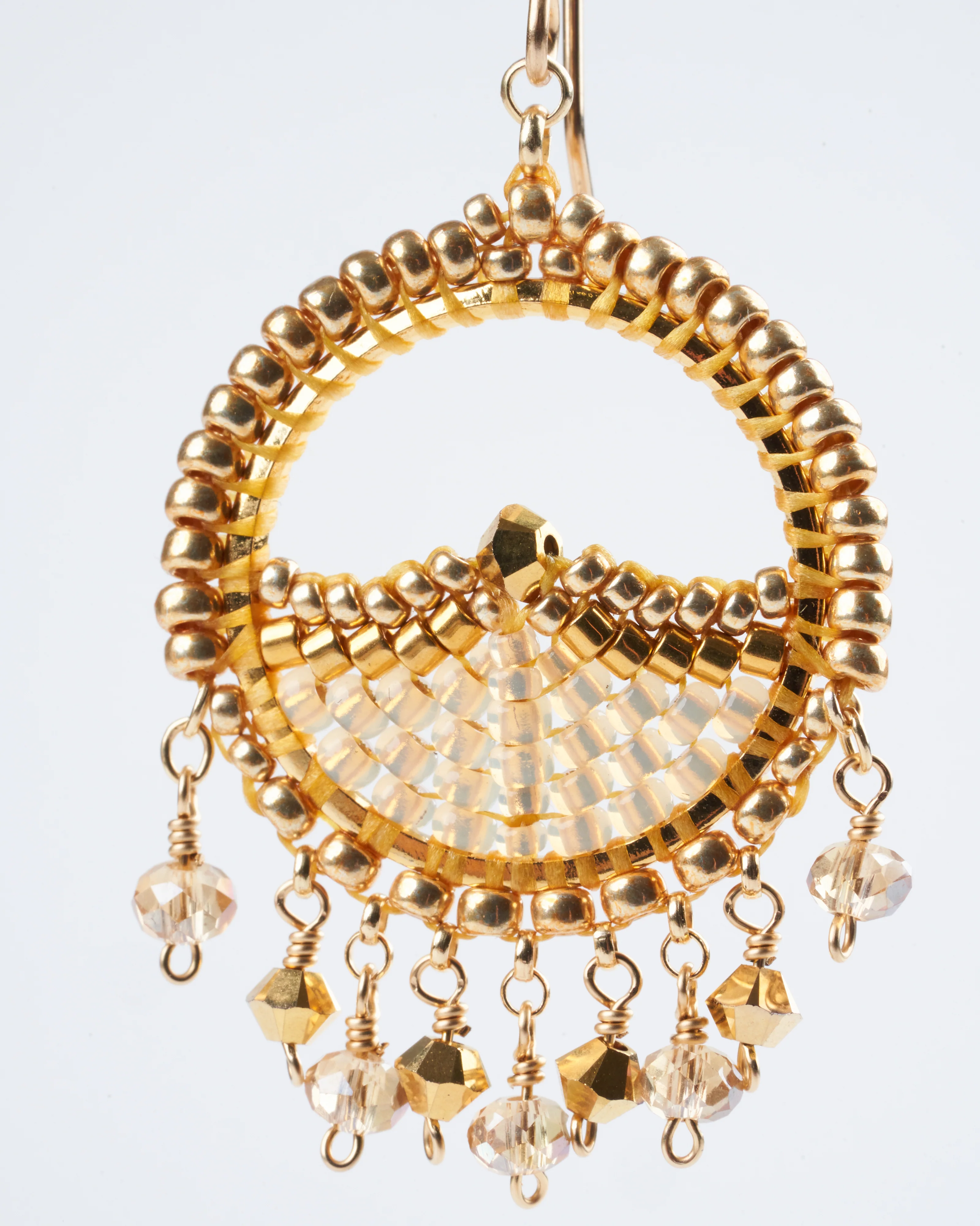 pyrite, miyuki,  swarovski hoop earrings- gold - Image 4