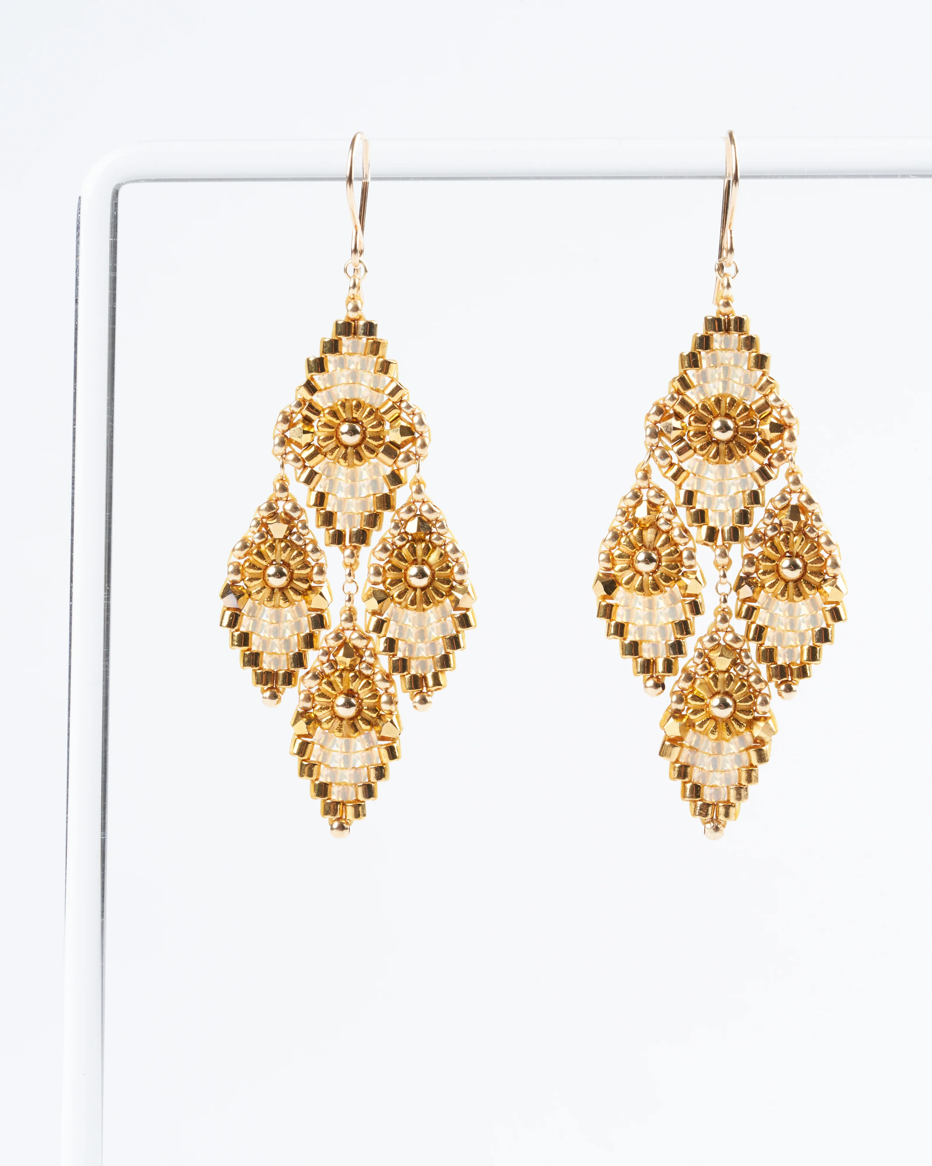 pyrite, miyuki, swarovski chandelier earrings - gold - Image 4